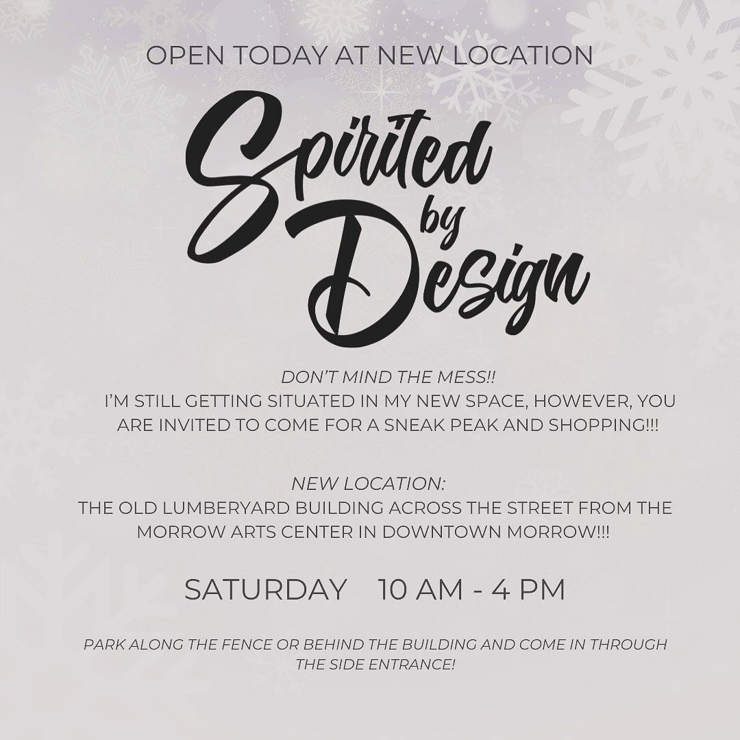 Come see what&rsquo;s going on inside the old lumberyard building in downtown Morrow!  It&rsquo;s the new location for Spirited by Design! Stop in today 10am-4pm and check it out! Excuse the mess&hellip;still getting situated after the big move!
#sho