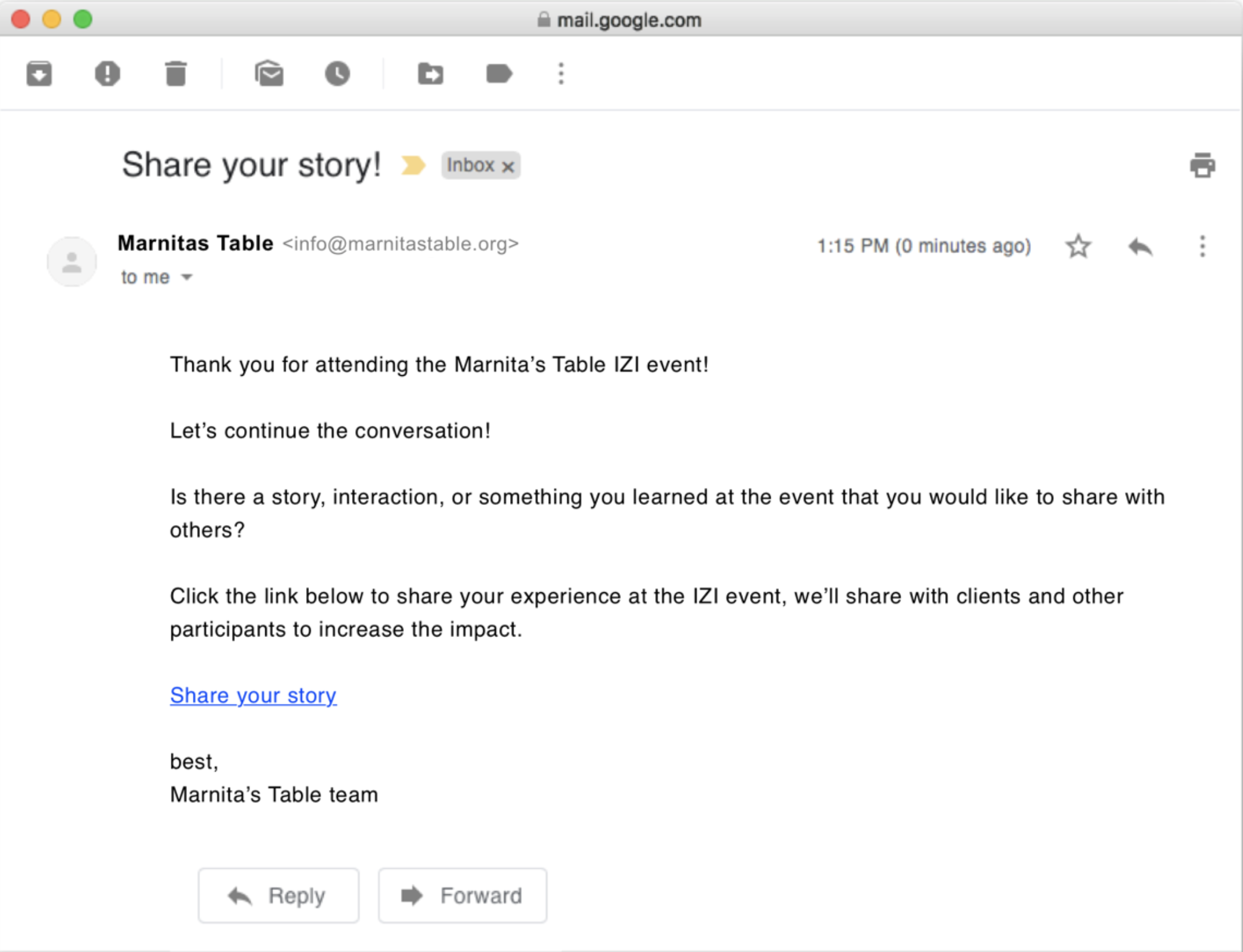Screenshot of an email inbox showing a message from Marnitas Table with a thank you note for attending an event and a link to share a story.