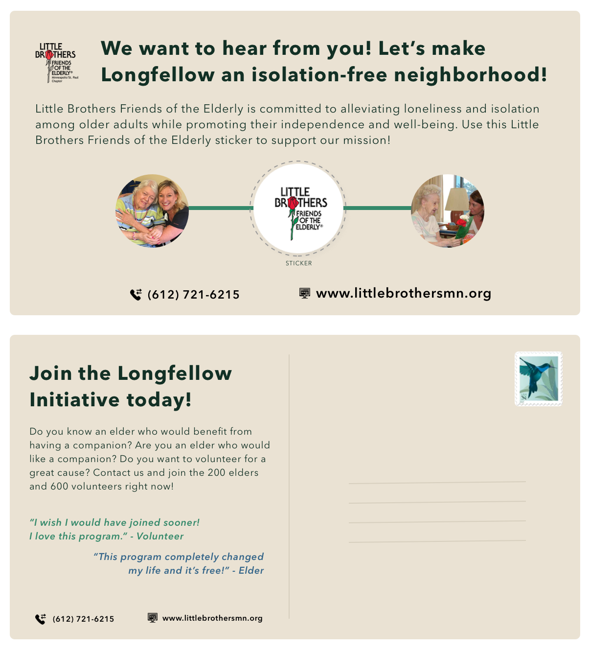 A flyer for Little Brothers Friends of the Elderly promoting an initiative to support loneliness and isolation among seniors. Features photos of elderly women, a logo with a red rose, contact info, and a stamp with a hummingbird.