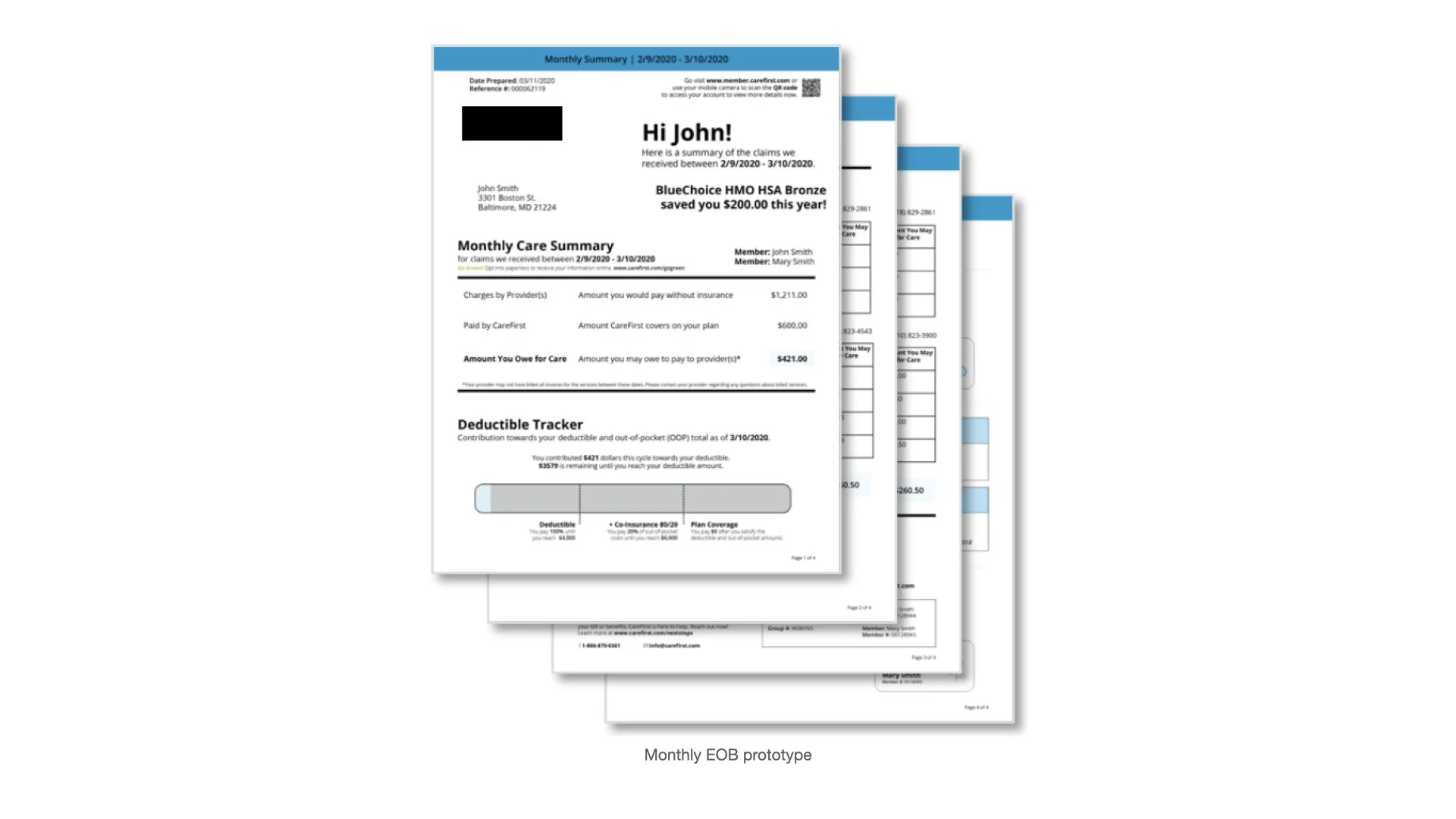 Multiple pages of a dental insurance statement showing monthly claims summary, balances, and deductions, with a blue header labeled 'Monthly Summary | 2/9/2020 - 3/10/2020', and a note at the bottom indicating it's a prototype.