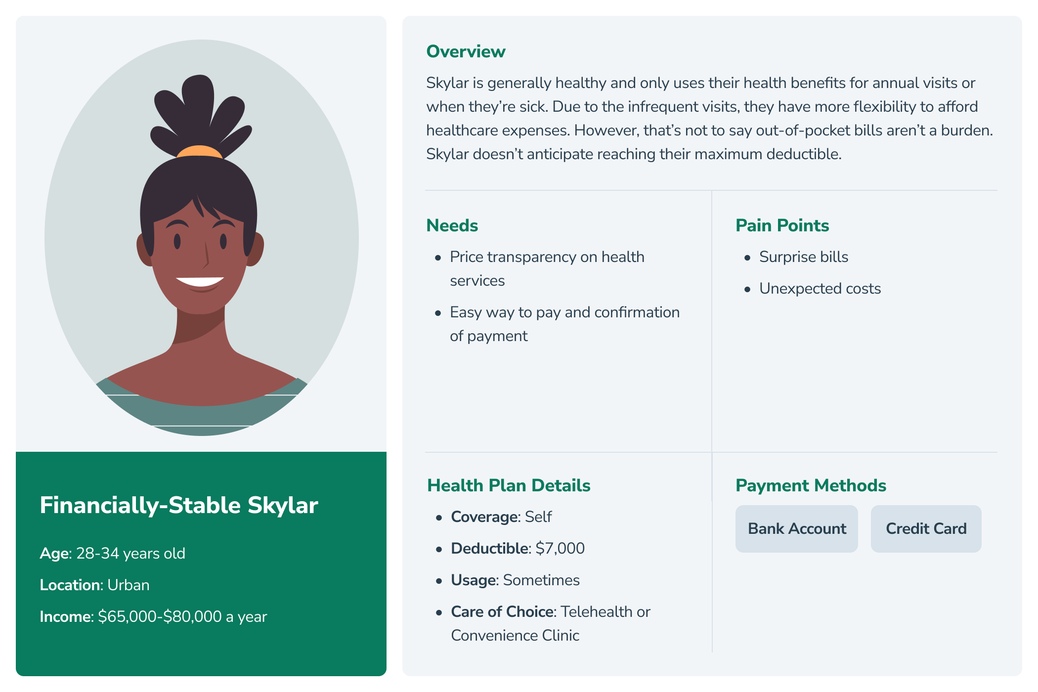 Illustration of a smiling woman with dark skin and dark hair styled in a high ponytail, wearing a striped top, alongside a health insurance brochure.