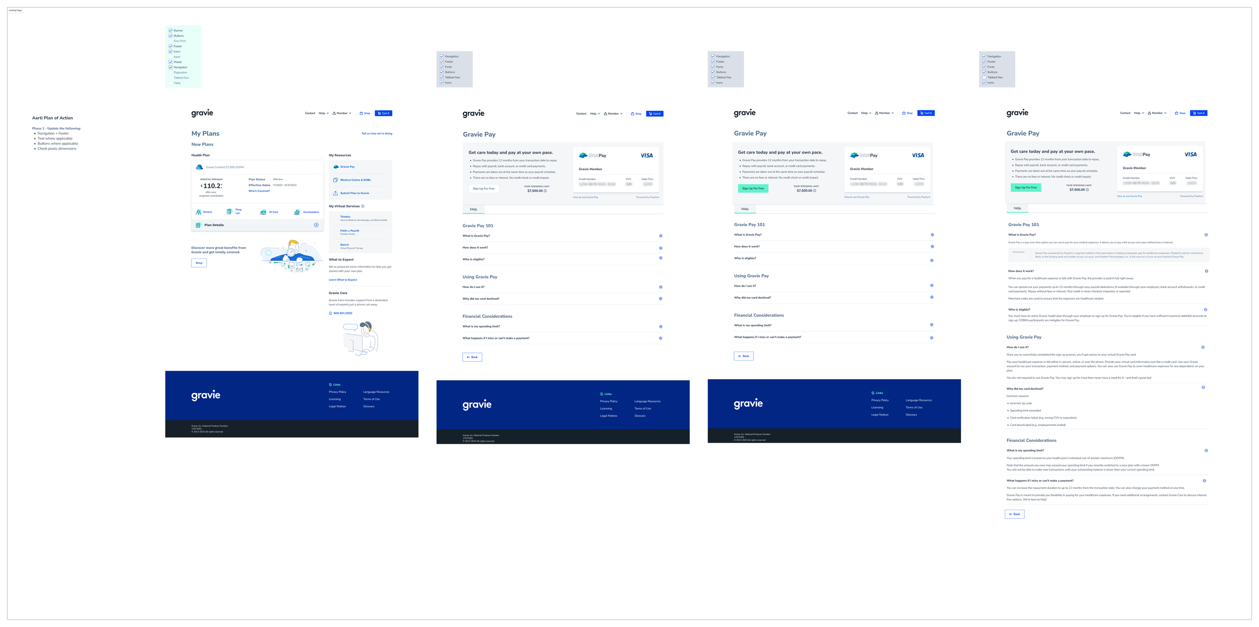 Screenshots of multiple webpage layouts for a healthcare service called Gravie, including sections for plans, payments, FAQs, and footer links, all featuring a blue and white color scheme.