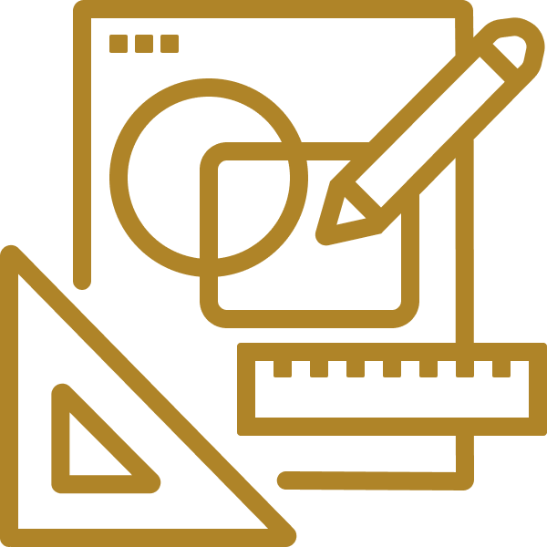 Icon of a computer screen with a pie chart, pencil, ruler, and square in a minimal line art style.