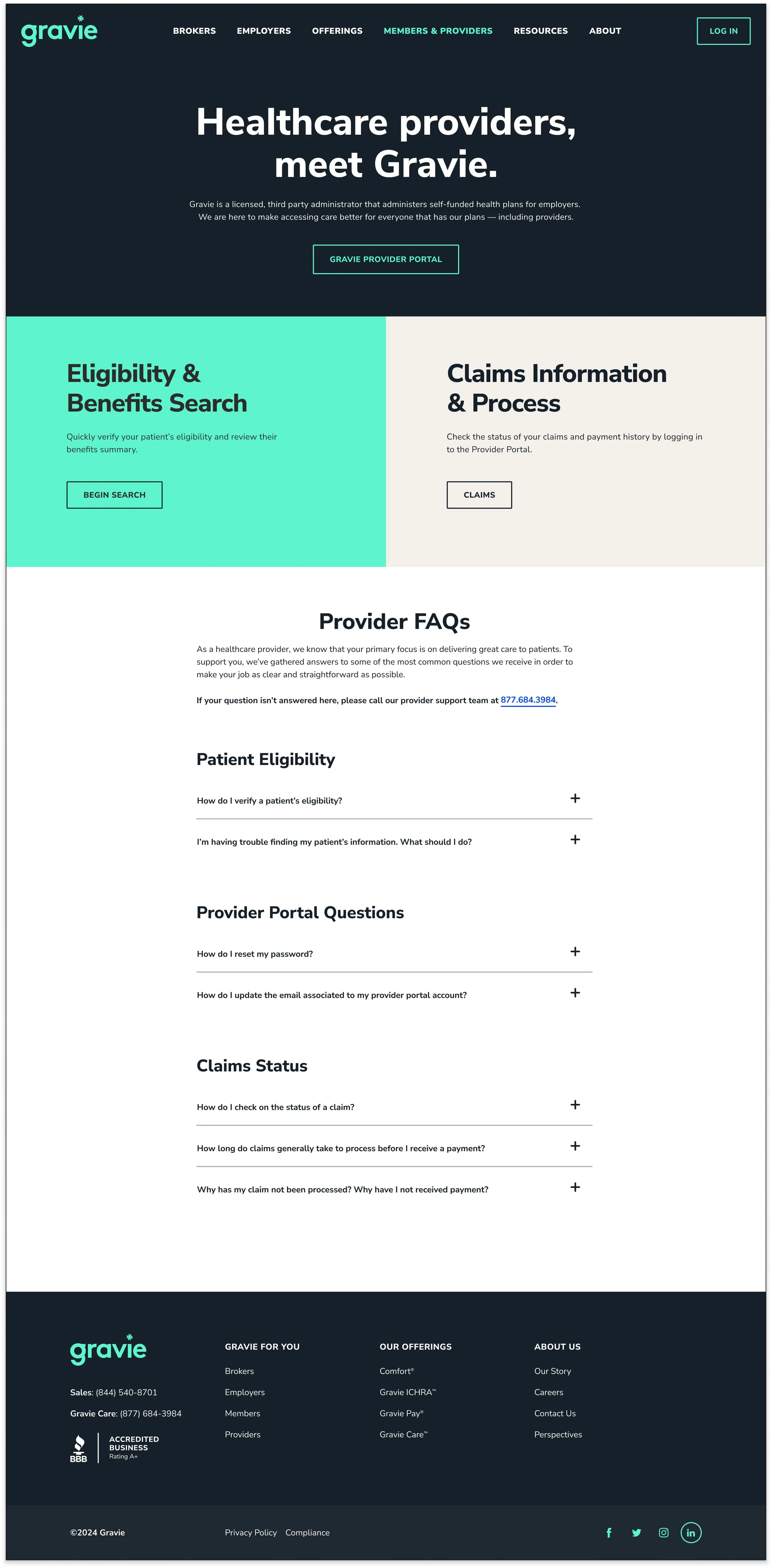 Homepage of Gravie website showing a dark-themed header with navigation links and a log-in button, a central headline 'Healthcare providers, meet Gravie,' and sections about eligibility, claims, FAQs, and contact information with social media icons a