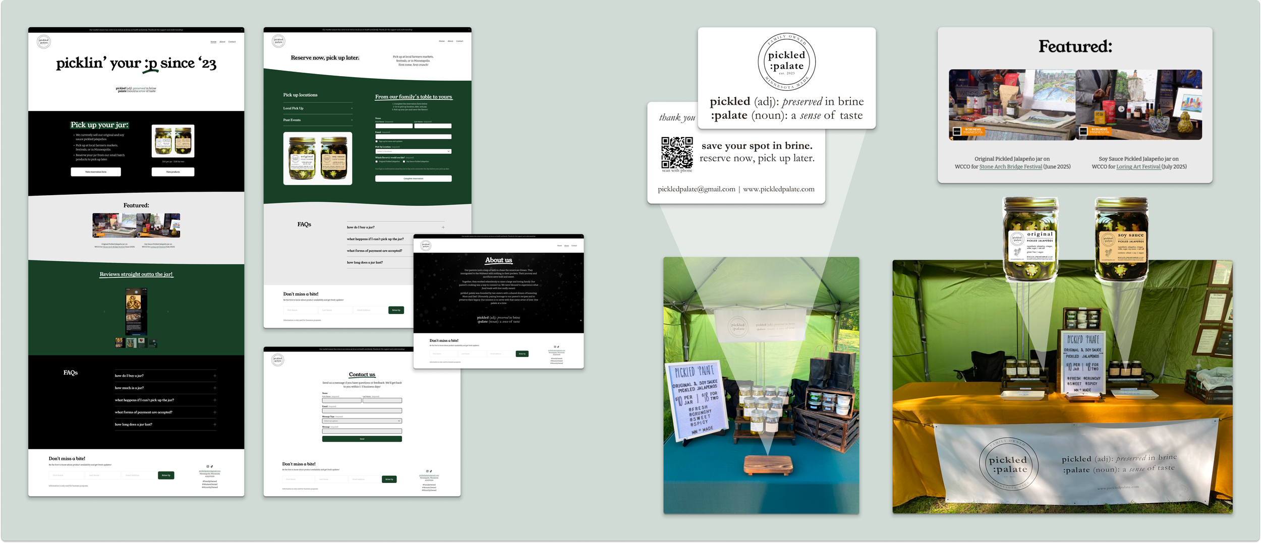 Screenshot of a website and photos of a pickle and soy sauce jar at a market stand. The website promotes pickled foods and has sections for about us, FAQs, contact, and online ordering. The market stand displays jars of pickled jalapenos and soy sauce pickled jalapenos, with signs indicating prices and product features.