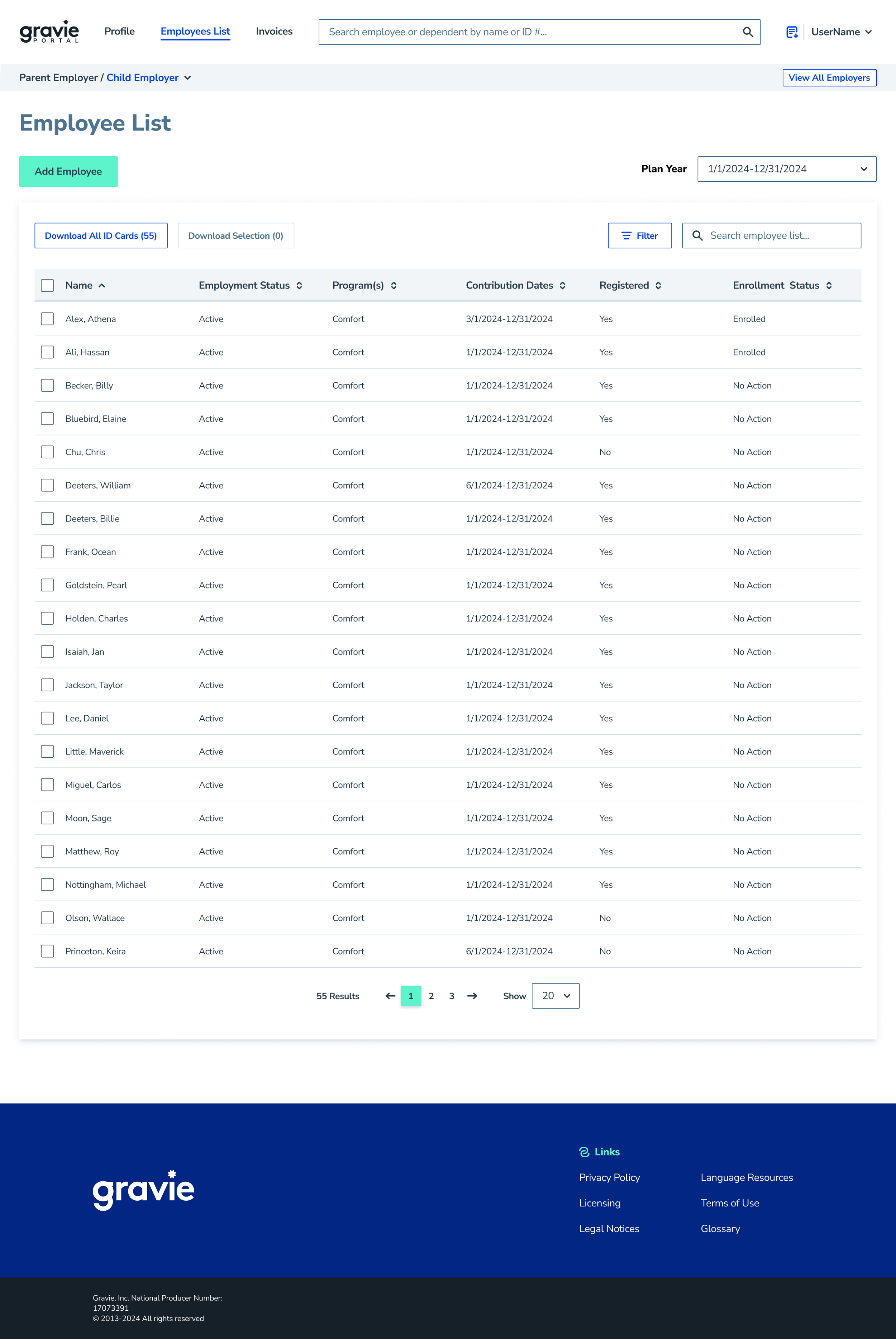 Screenshot of the Gravie portal's employee list, showing names, employment status, programs, contribution dates, registration, and enrollment status, with navigation options and footer links.