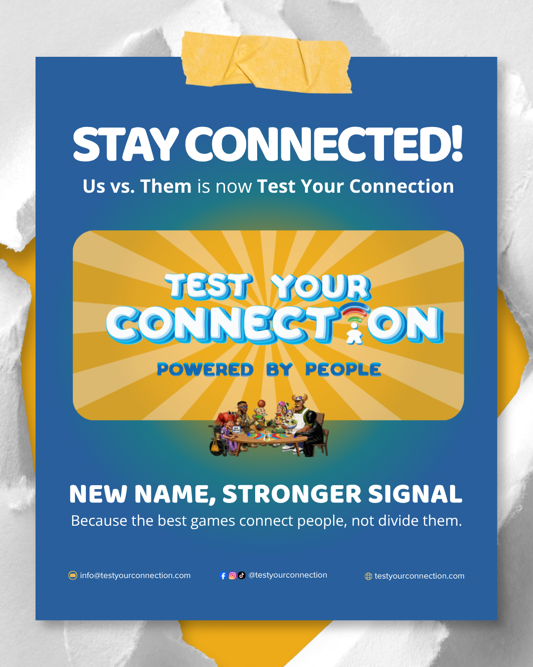 Promotional flyer for Test Your Connection, highlighting the app's focus on testing network connections powered by people, with colorful text and a group of animated characters playing cards at a table.