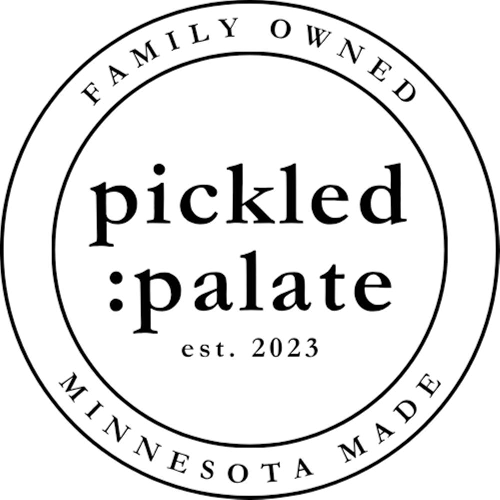 Circular logo with the words 'Family Owned' at the top and 'Made in Minnesota' at the bottom, surrounding the text 'pickled palate est. 2023' in the center that ngoctrinh.io designed.