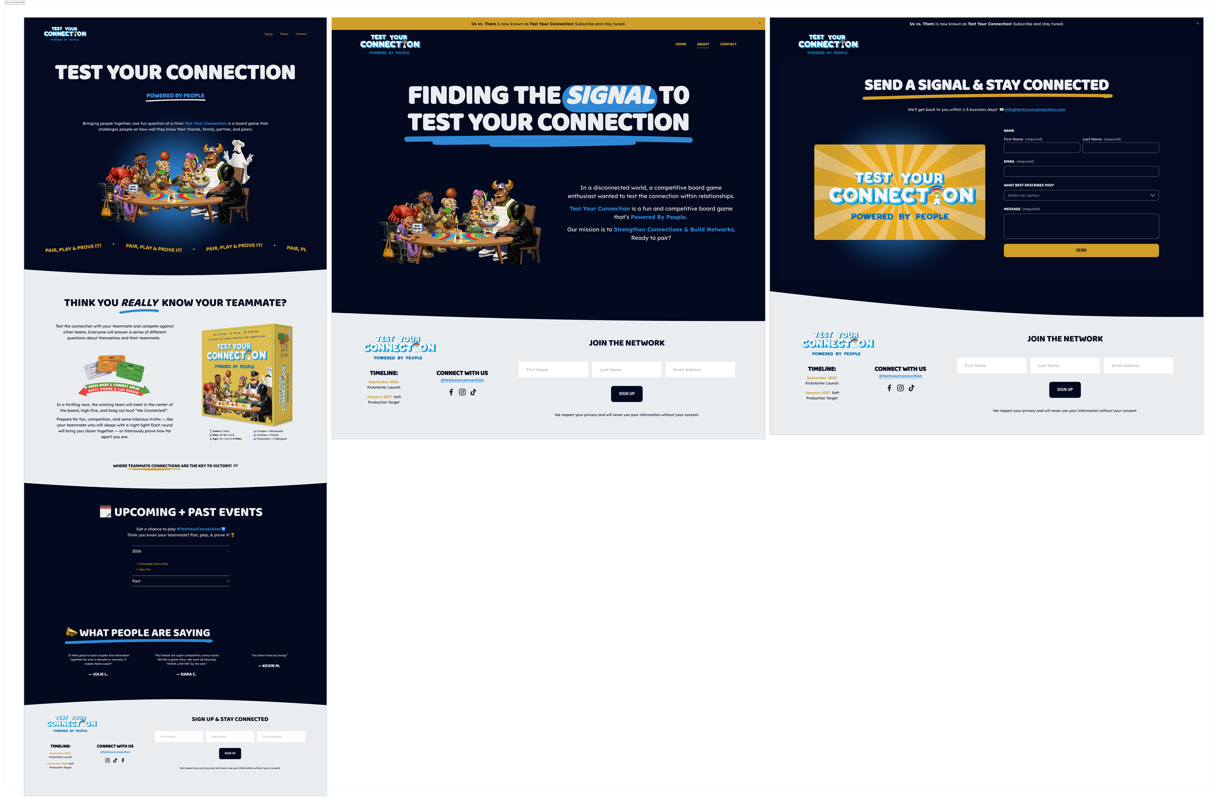 A collage of three different webpage layouts for a site called 'Test Your Connection' with a blue, white, and gold color scheme, featuring images of people playing a board game, text about testing connections and building networks, and a sign-up form