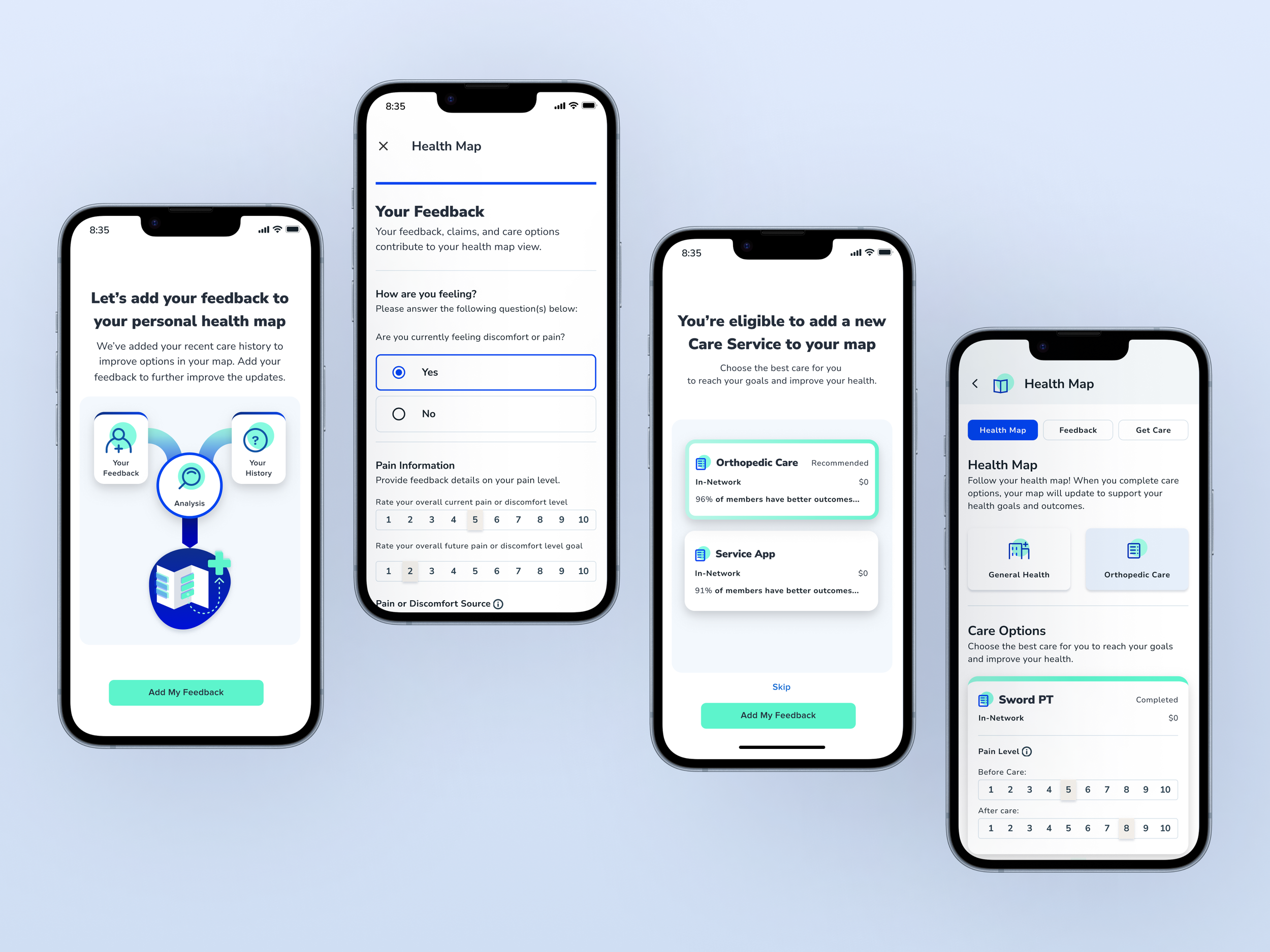 Screenshot images of a health app on smartphones showing sections for adding feedback, health maps, care options, and details for orthopedic and general health care.