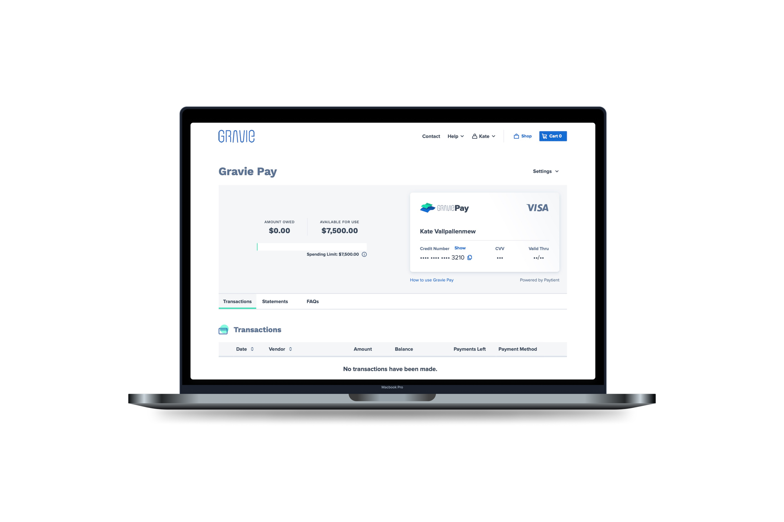 Screenshot of a laptop screen displaying a financial app named Gravie Pay with account balance, recent transactions, and payment options.
