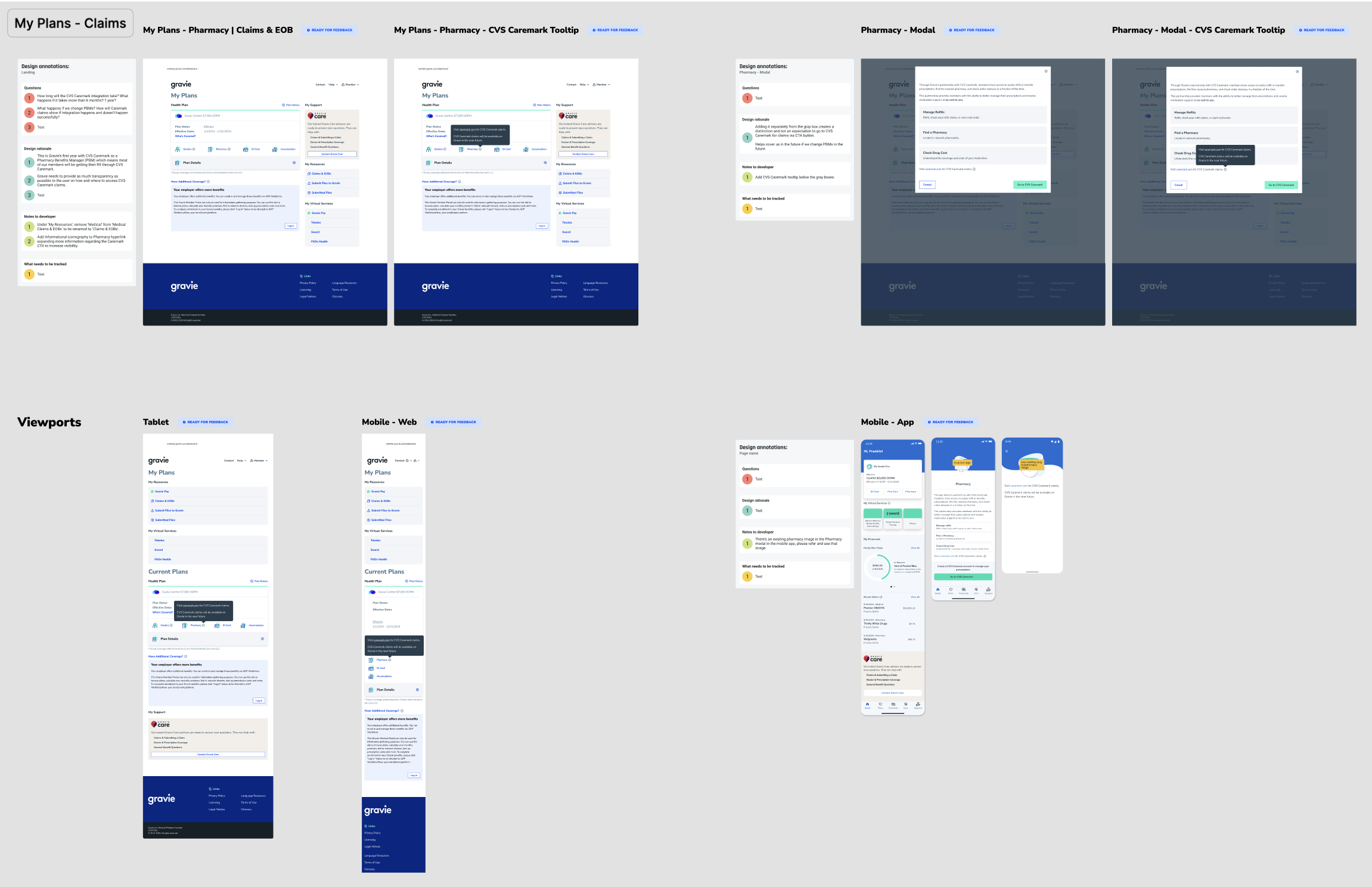 Screenshot of a digital interface displaying various views of a healthcare claims management application named 'My Plans.' The views include claims, pharmacy, and EOB details across desktop, tablet, and mobile screens, with annotations and feedback b