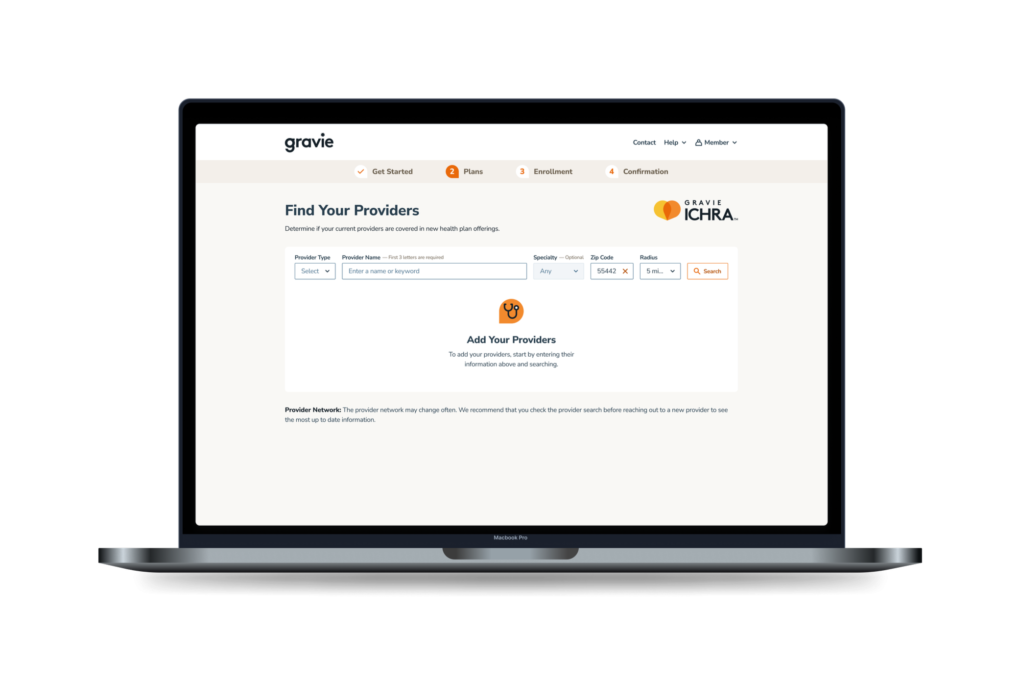 Laptop screen displaying a webpage titled 'Find Your Providers' on the Gravie platform, showing search fields for provider type, name, specialty, zip code, and radius.