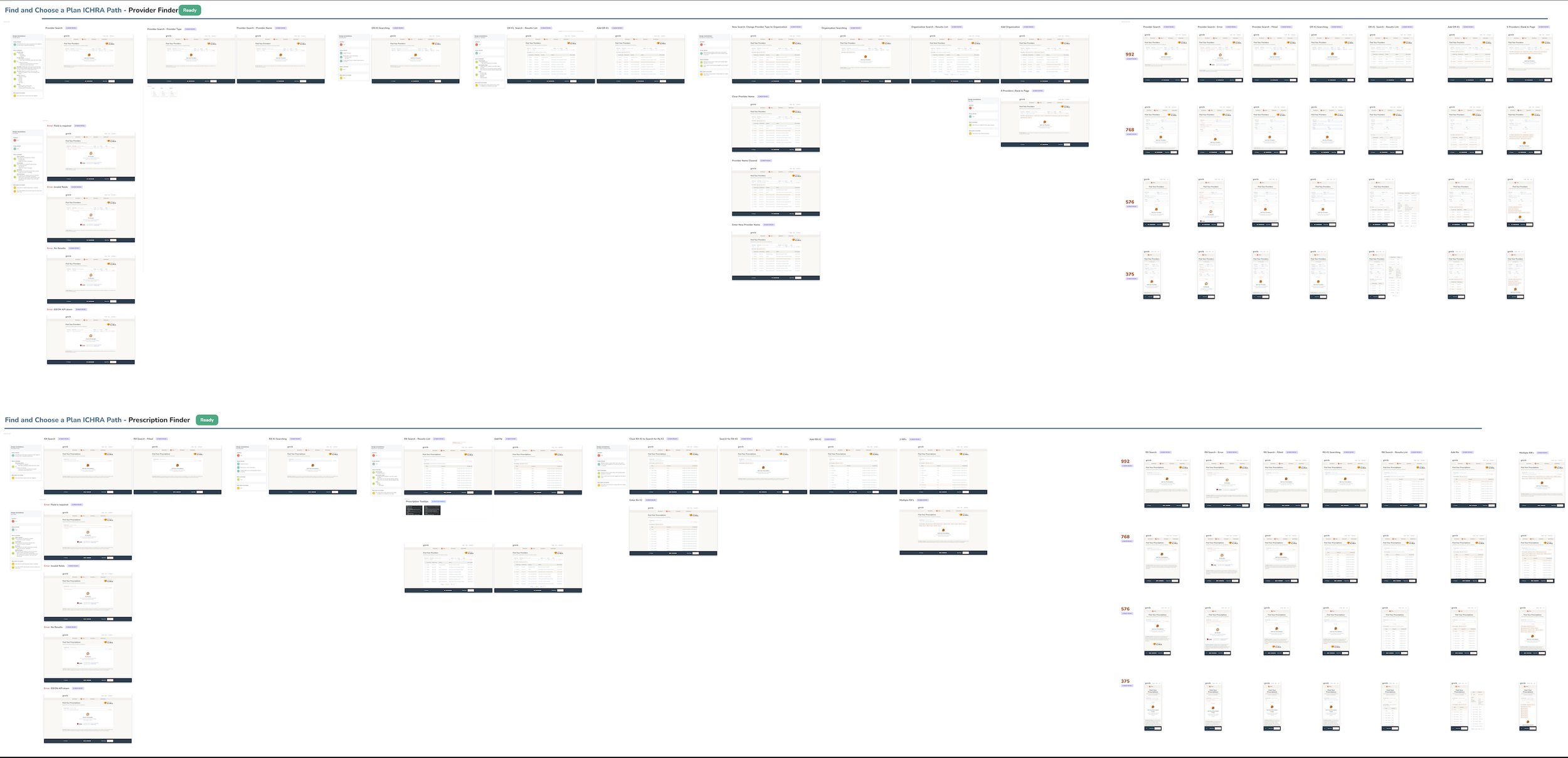 Screenshots of an online healthcare platform displaying instructions for finding and choosing a plan under the ICHRA program, with various page views, menus, and content layouts.