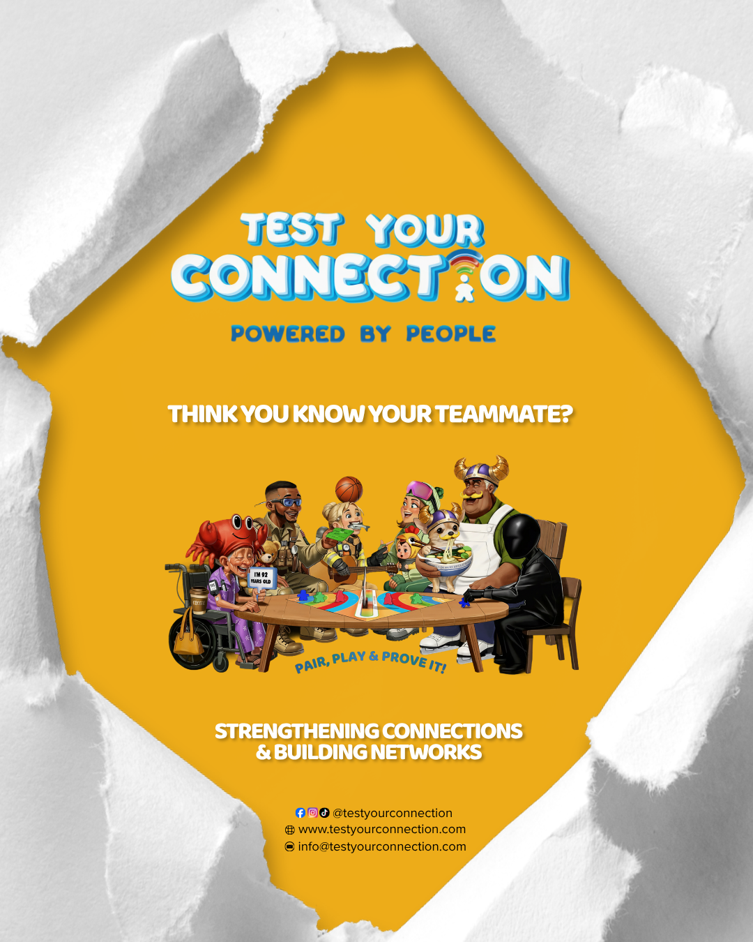 Colorful promotional flyer for 'Test Your Connection' game, showing animated diverse characters around a table playing a game, with text about connecting, strengthening bonds, and building networks.