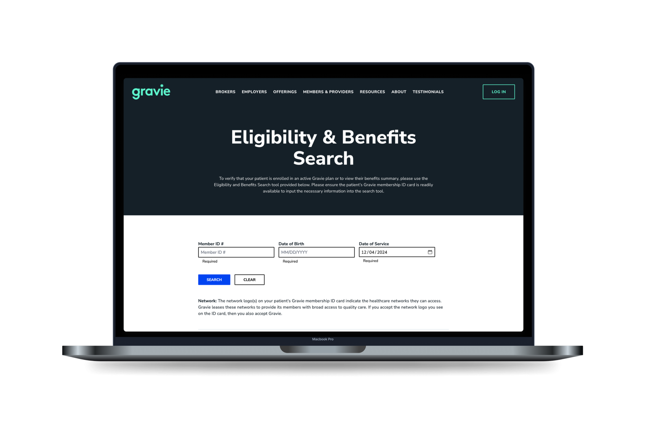Computer screen displaying a webpage titled 'Eligibility & Benefits Search' by Gravie, with a form to enter member ID, date of birth, and date of service, and buttons labeled 'Search' and 'Clear'.