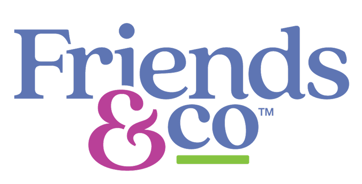 Logo for Friends & Co with purple and blue text and a green line beneath the text.