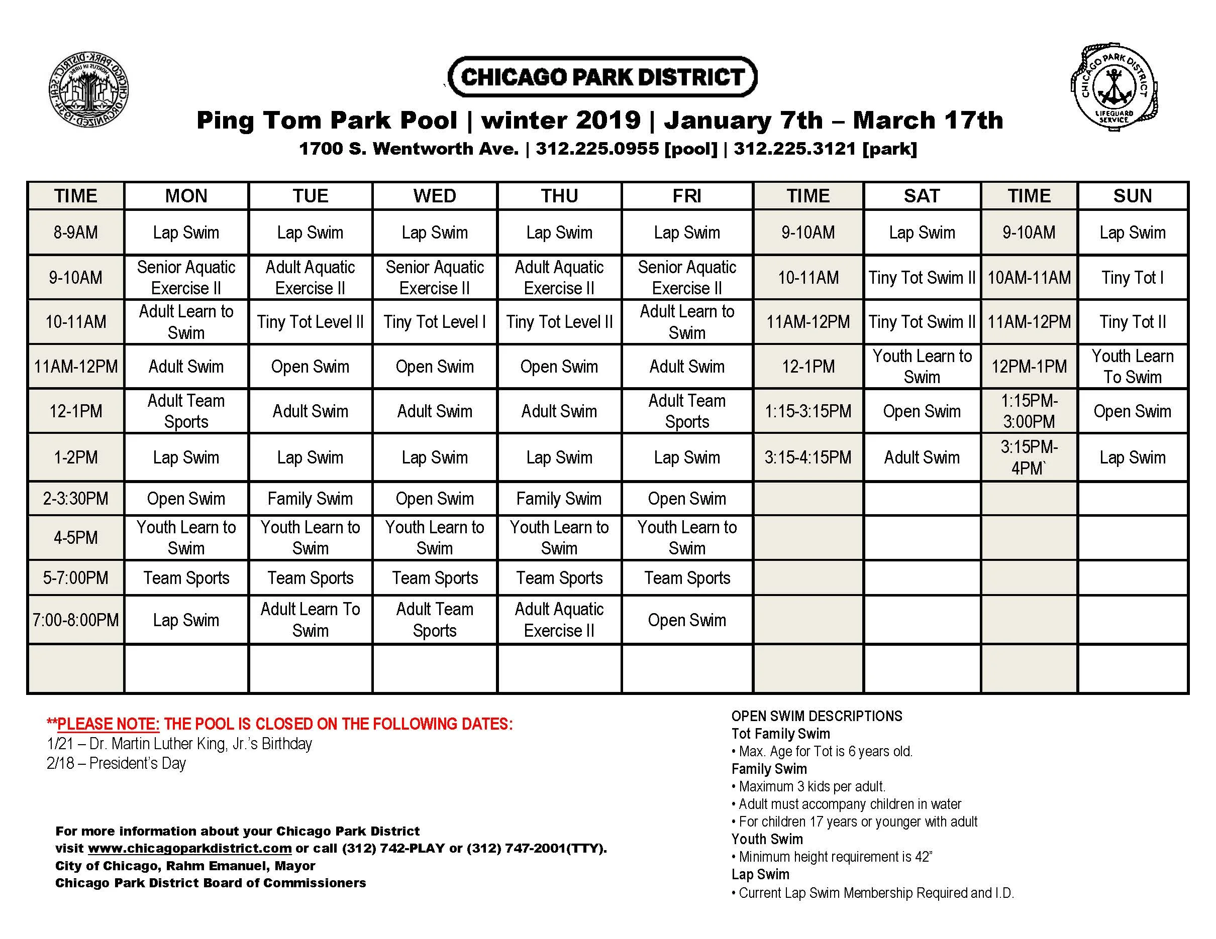 Pool Schedule at Leonard Louie Field House/Ping Tom Park - Dec 2018 through Mar 2019