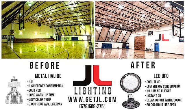 A little before and after of our LED UFO High Bays lighting up a gym for another satisfied customer! It just makes sense. Get yours today! #getjl #jllighting #gym #schools #commercialled #ledhighbay #ledlights #ledlighting #led #metalhalide #commerci