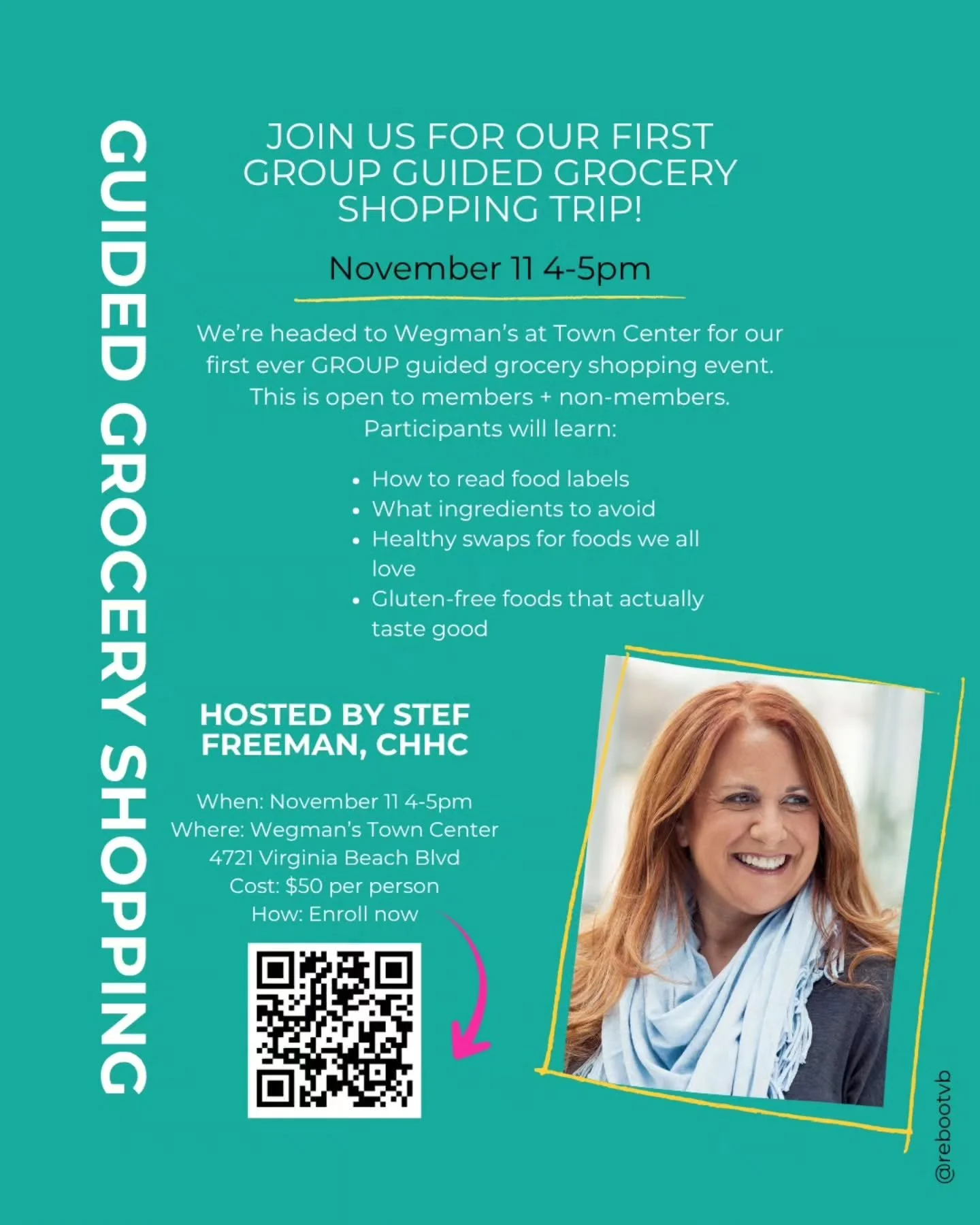 We 💚 grocery shopping...and now we can go together!!

⏩️This November 11 from 4-5pm, Certified Holistic Health Coach - Stef Freeman - is hosting a group guided grocery shopping trip.🥳

WHAT - Guided grocery shopping. Open to members + non-members. 