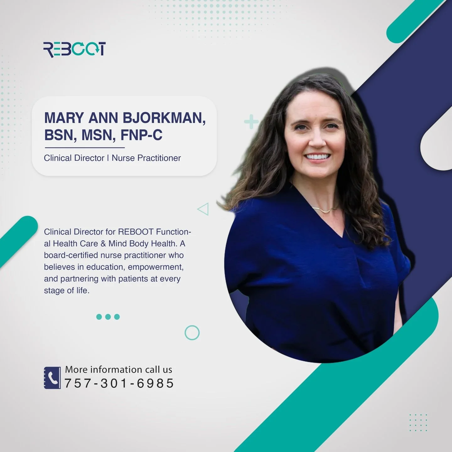 Meet the provider behind your care 💙

Mary Ann Bjorkman, BSN, MSN, FNP-C, is the Clinical Director at REBOOT Functional Health &amp; Mind Body Health. As a board-certified nurse practitioner, Mary Ann believes in education, empowerment, and true par