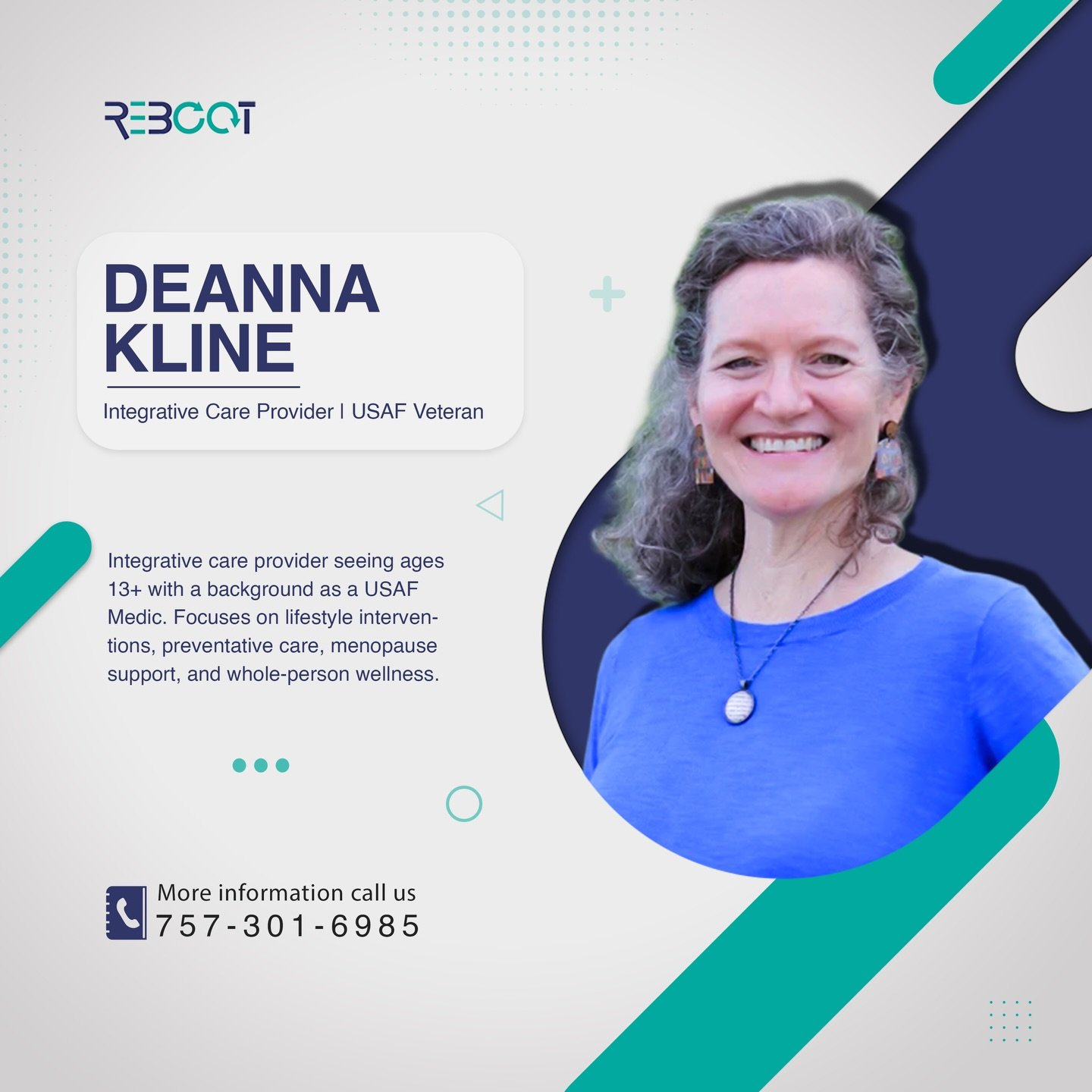 ✨ Meet the Provider: Deanna Kline ✨

Deanna Kline is an Integrative Care Provider at REBOOT with a deep commitment to whole-person wellness. A proud USAF Veteran and former Medic, Deanna brings a grounded, thoughtful approach to care&mdash;blending c