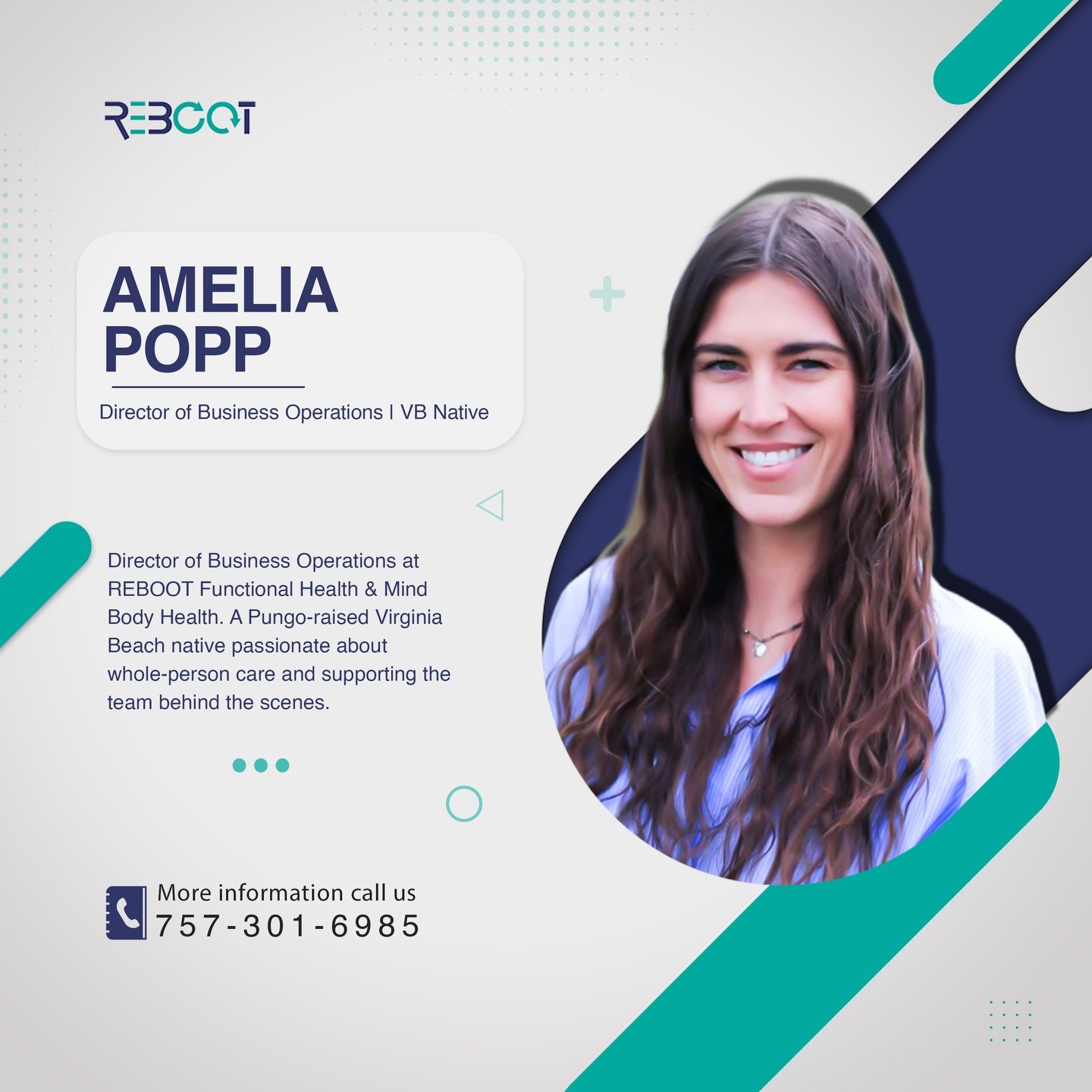 Meet Amelia 👋
Director of Business Operations at REBOOT Functional Health &amp; Mind Body Health.

Born and raised in Virginia Beach, Amelia is the engine behind the scenes&mdash;supporting our team, streamlining care, and helping make whole-person 