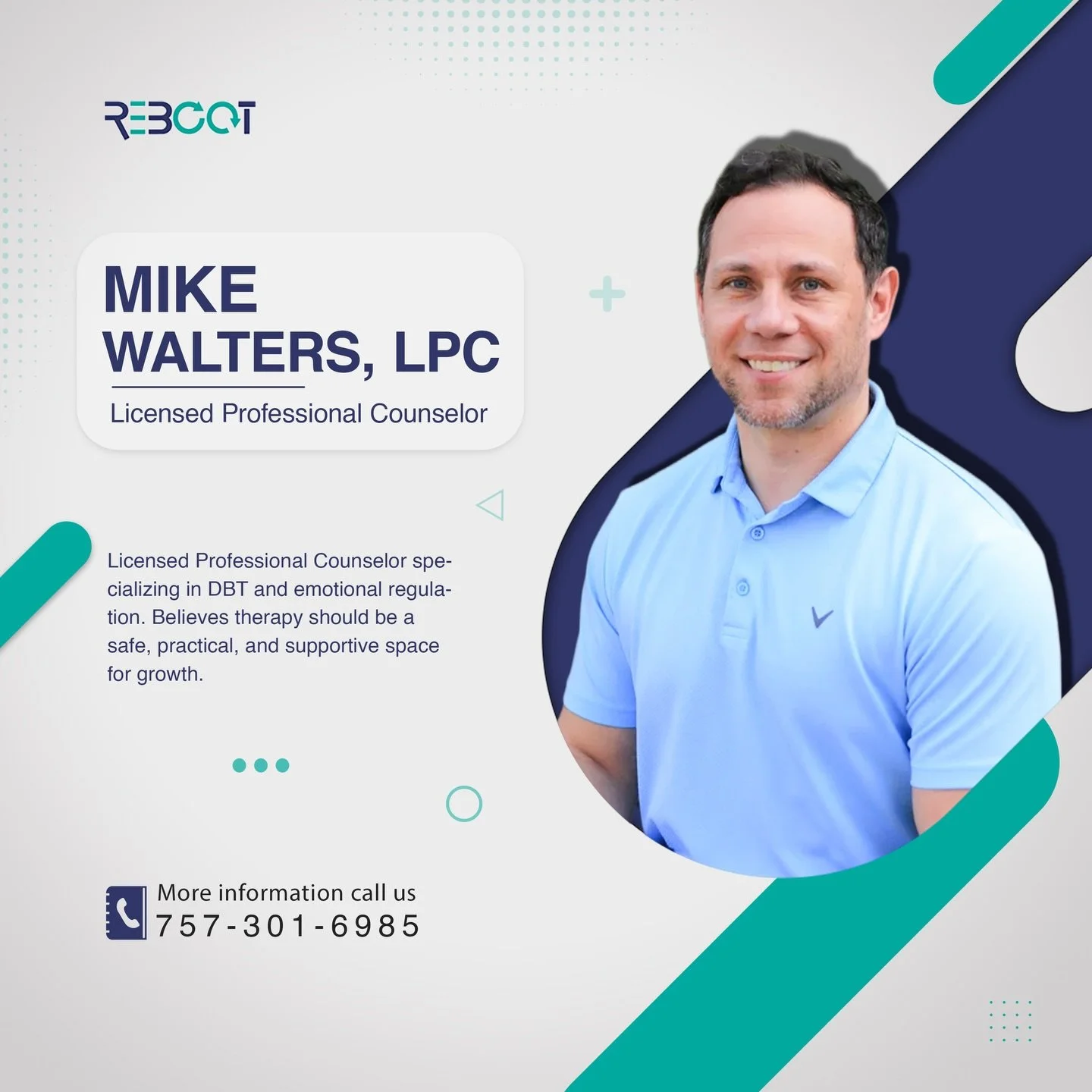 Meet Mike Walters, LPC 👋

Mike is a Licensed Professional Counselor who specializes in DBT and emotional regulation, helping clients build practical tools to navigate life&rsquo;s challenges with clarity and confidence.

He believes therapy should f