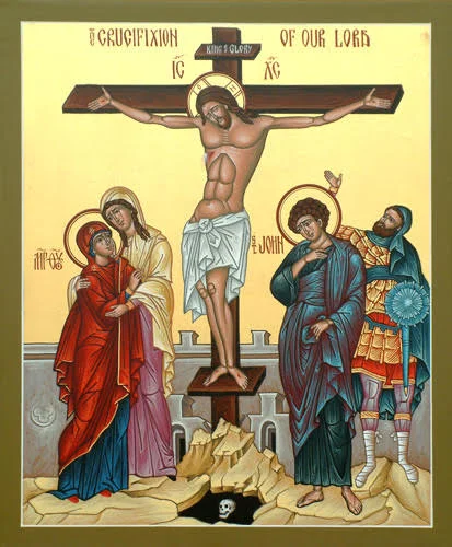 An icon of Christ’s crucifixion. The inscription on the top of the cross reads, “King of Glory.”