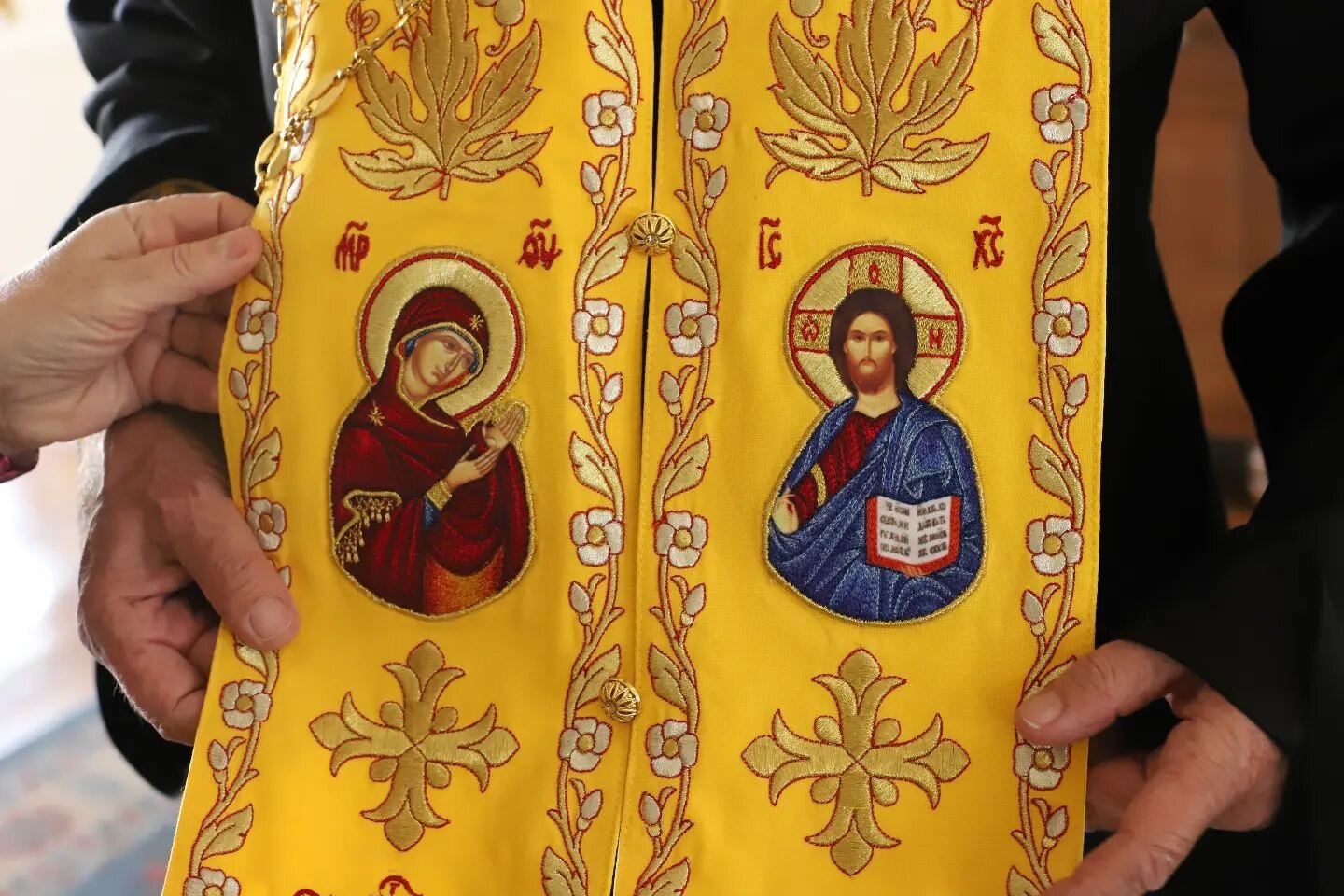 From the 52 week photo project: 
When our priest came to bless our home this week, he let me take a close look at his beautiful Epitrachelion.&nbsp; The icons of our Savior and the Theotokos were so vividly embroidered and stood grand against the bri