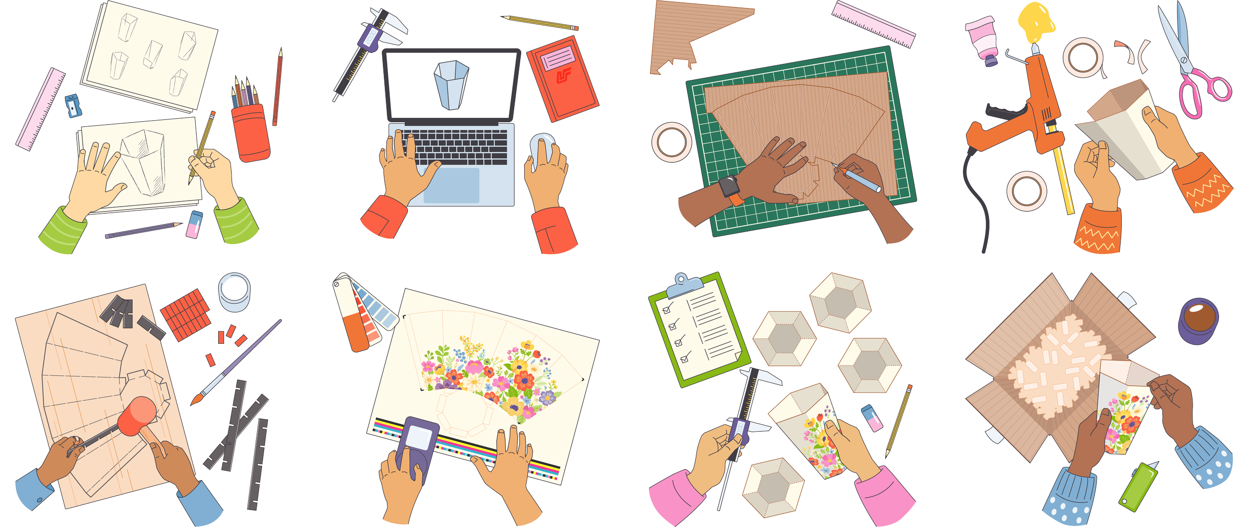 Illustrations of people completing the steps necessary to produce packaging.