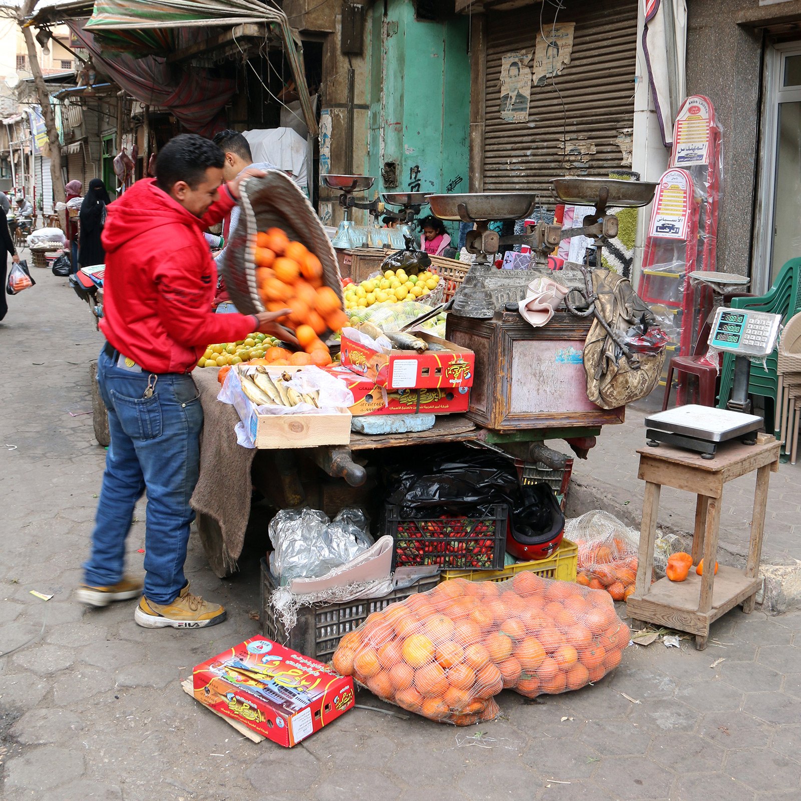  En man fyller på med apelsiner till försäljning på ett bord på gatan, Kairo, Egypten 