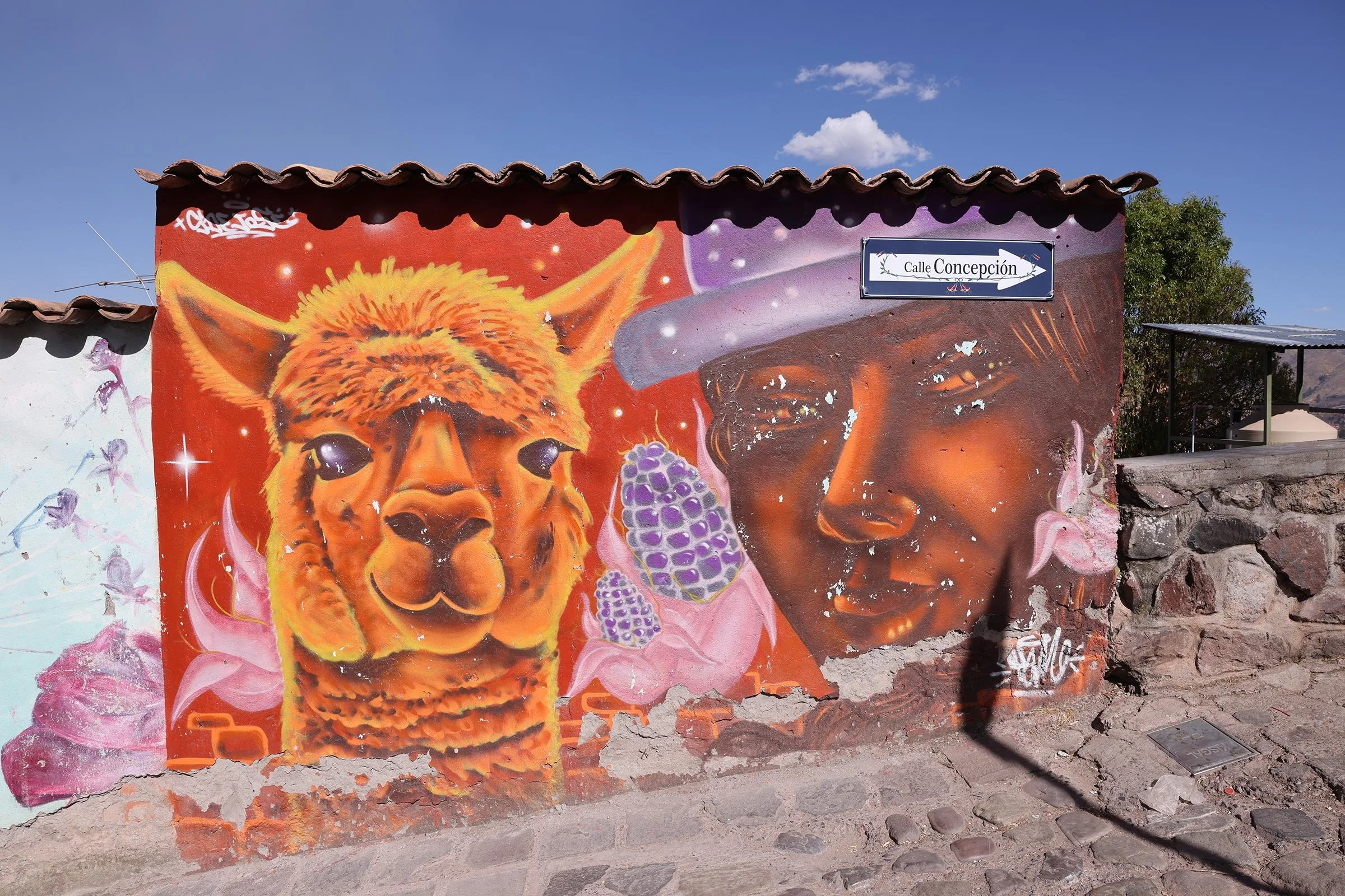 Streetart i form av en lama i Cusco, Peru