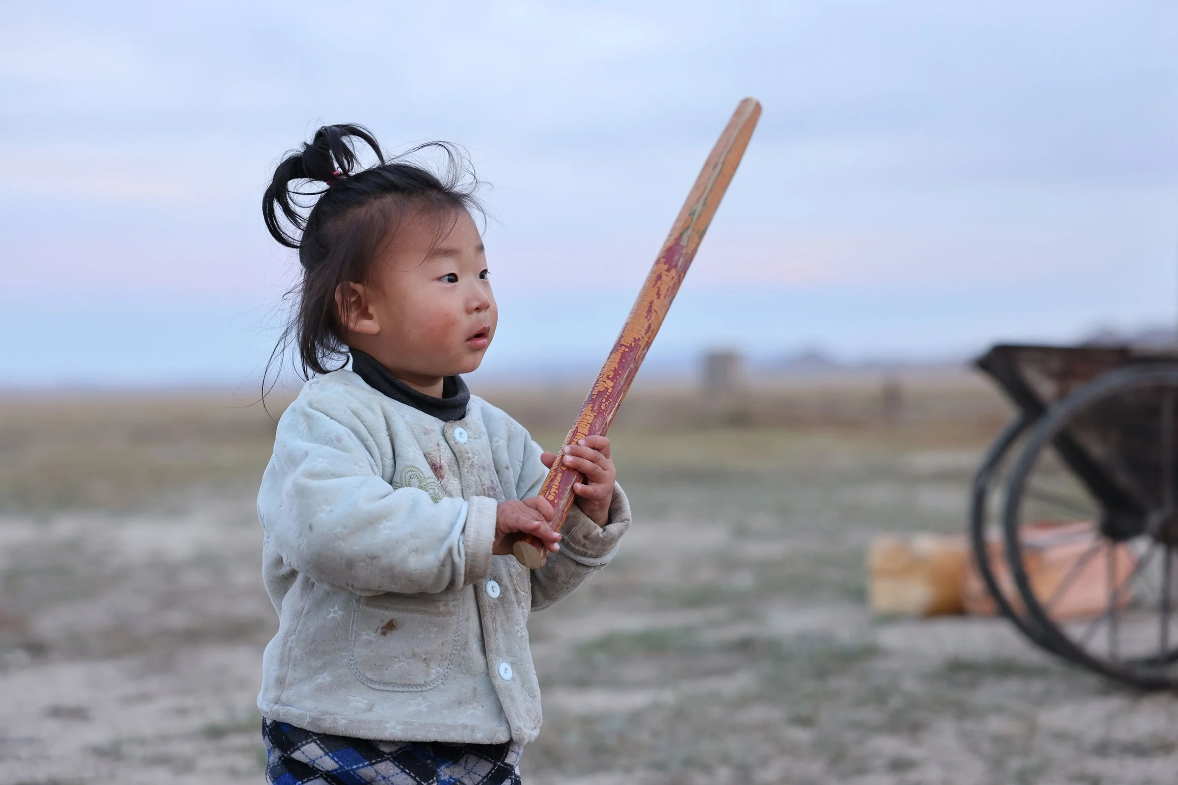 Flicka med en pinne ute på stäppen i Mongoliet