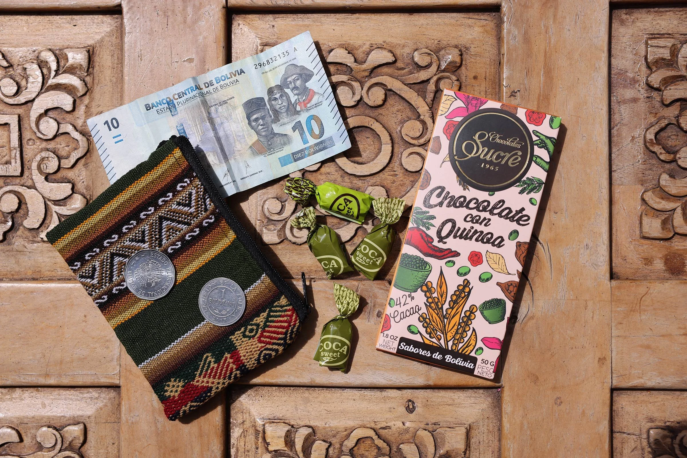 Bolivianos, kokabladskarameller och choklad med quinoa