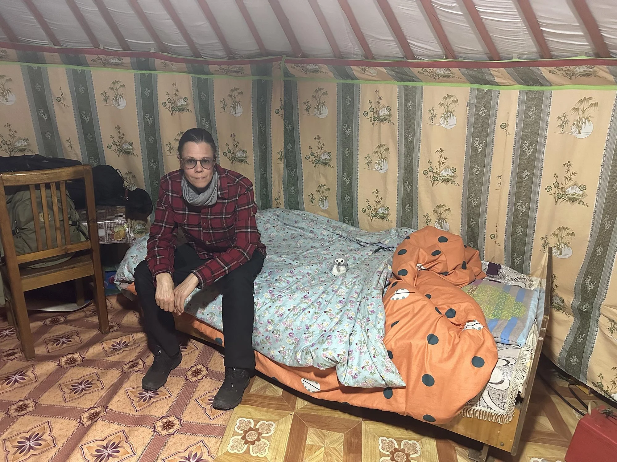 Rik mönstermix på textilierna på golvet, väggarna och i sängen i en traditionell mongolisk ger