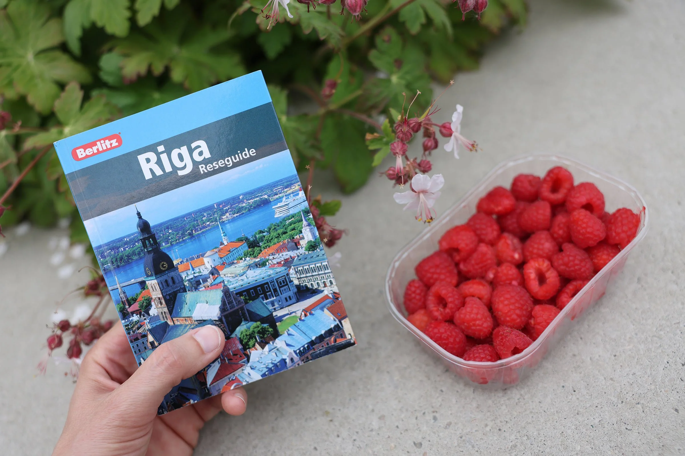 En burk färska hallon och en reseguide över Riga