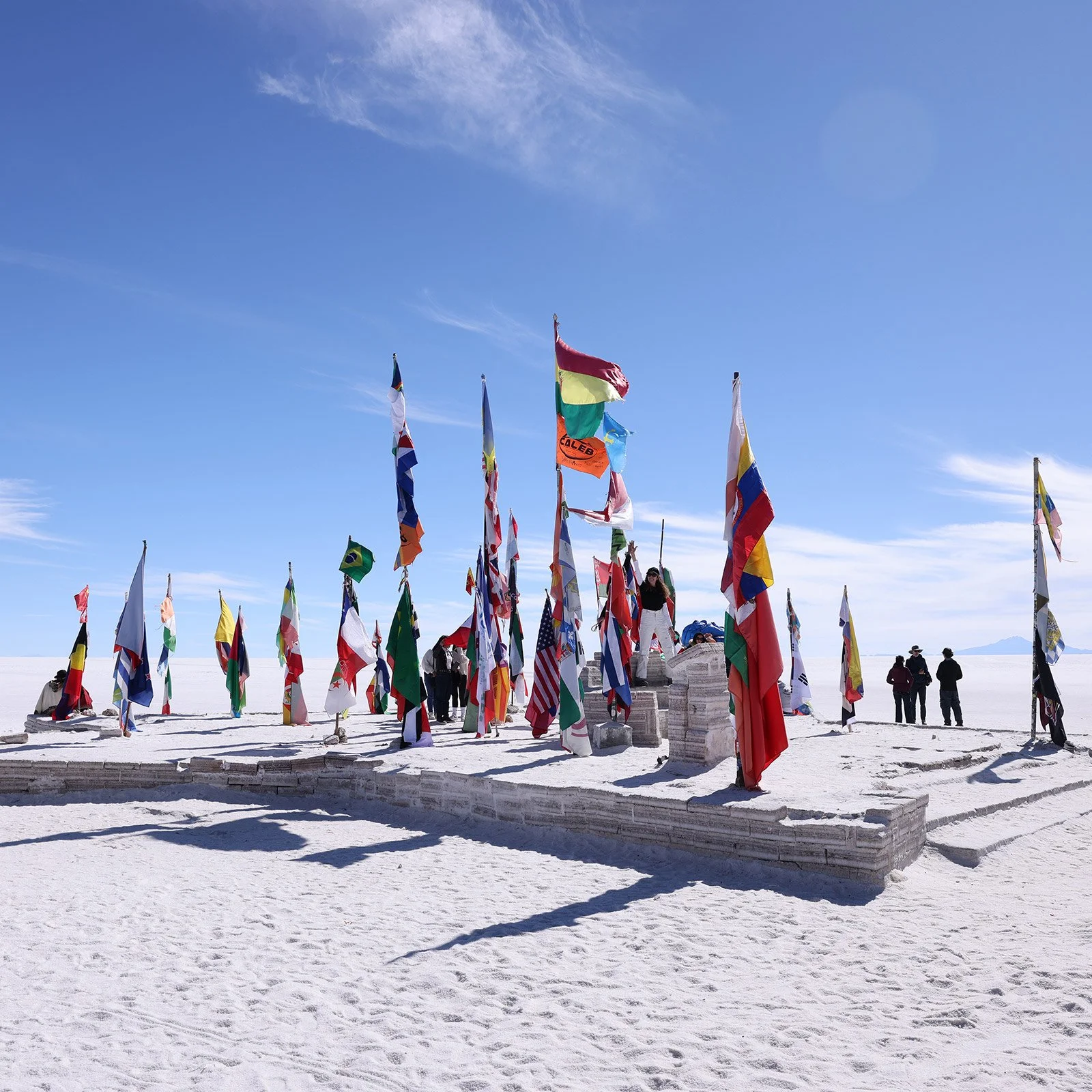 Internationella flaggor mitt ute i saltöknen Salar de Uyuni, Bolivia