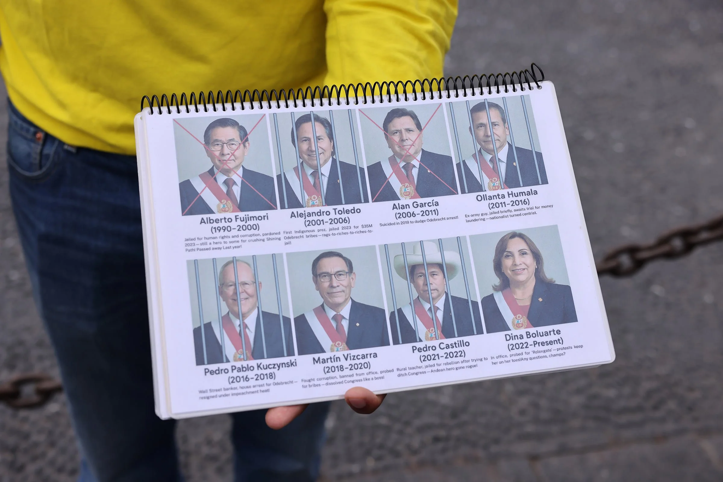 En man håller fram en bild på Perus senaste presidenter, varav många idag är antingen döda eller sitter i fängelse.