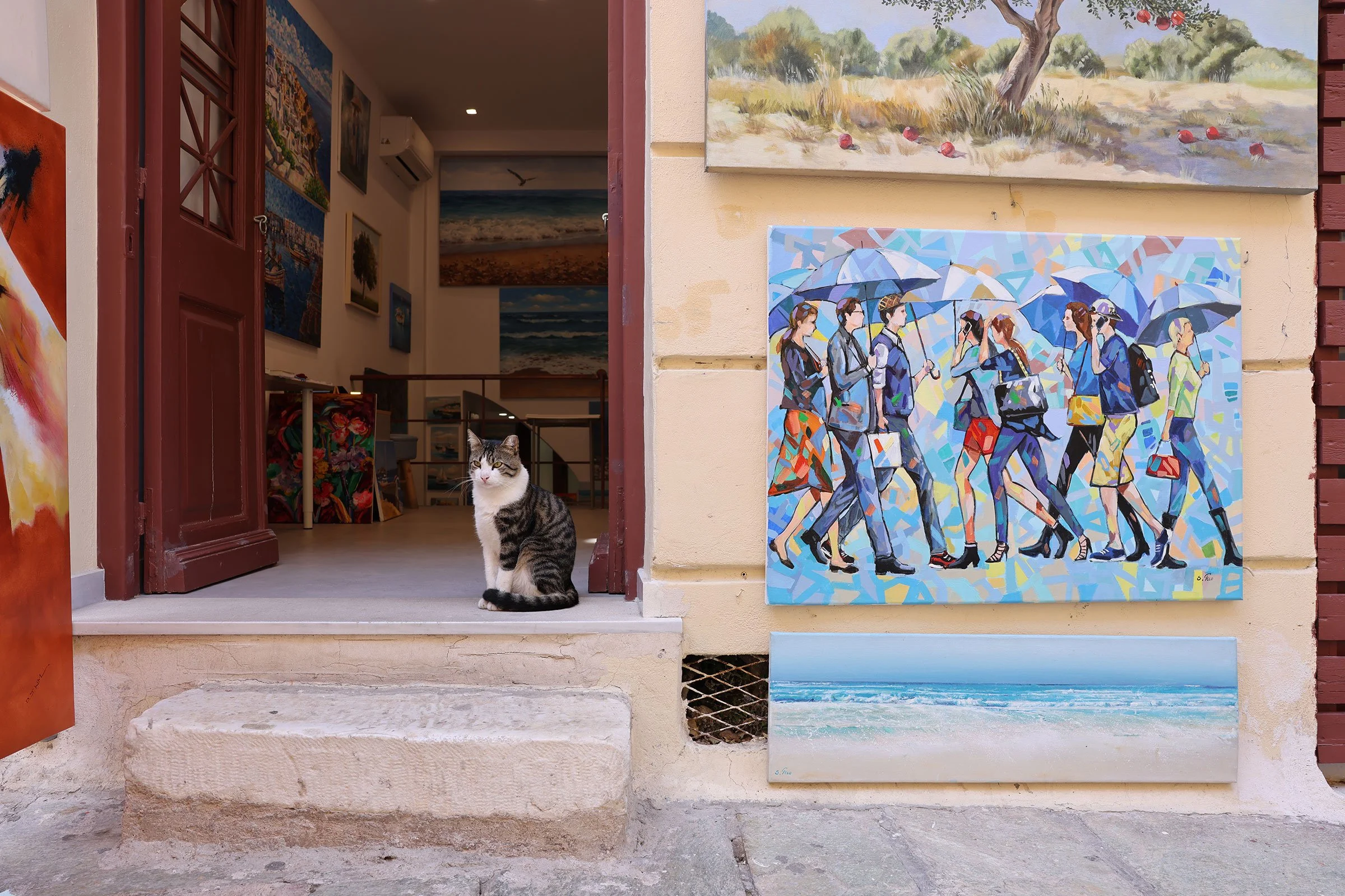 En katt sitter i dörren till ett galleri i Aten, Grekland