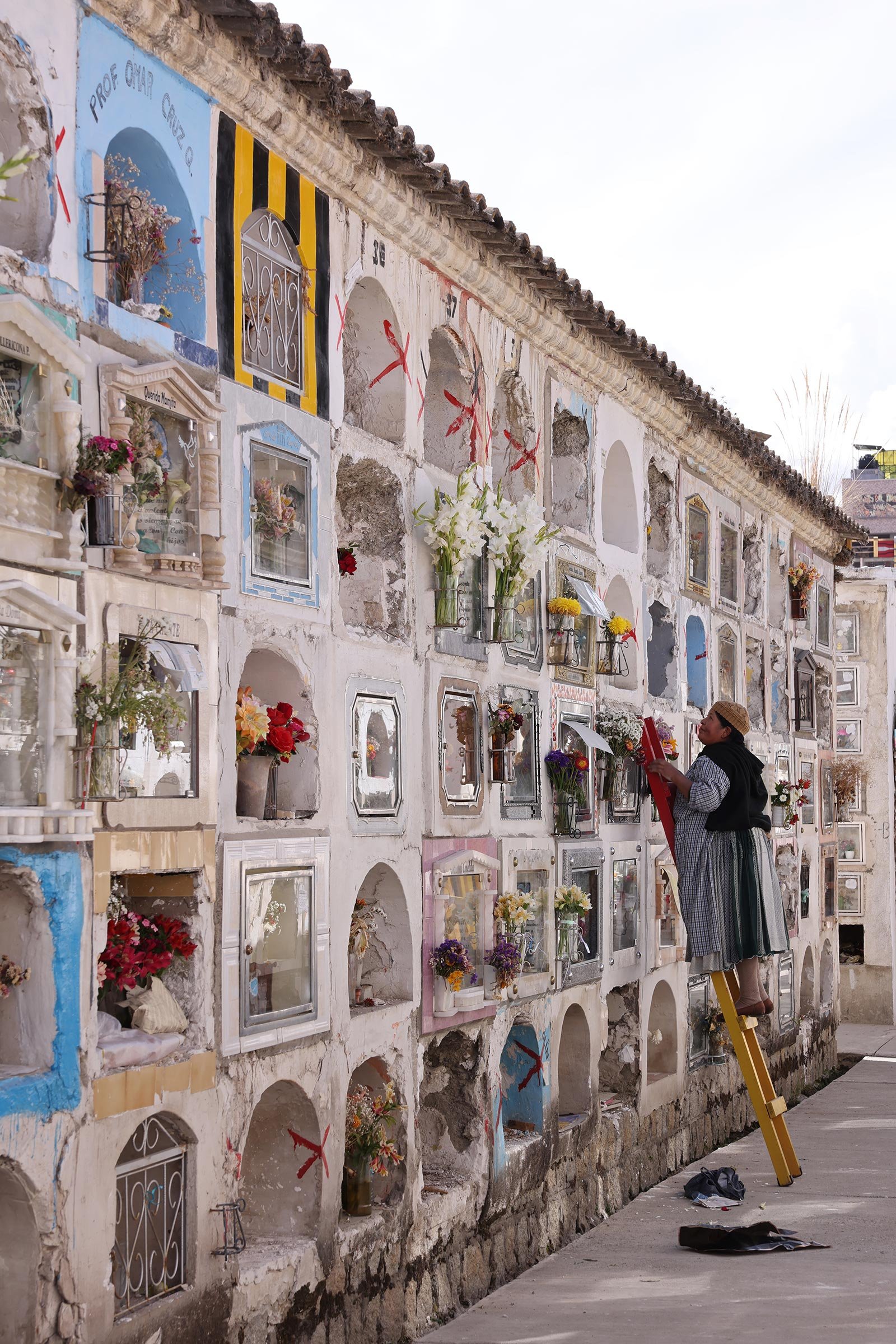 Kvinna på en stege för att nå en av gravarna på kyrkogården Cementerio General de La Paz, La Paz, Bolivia