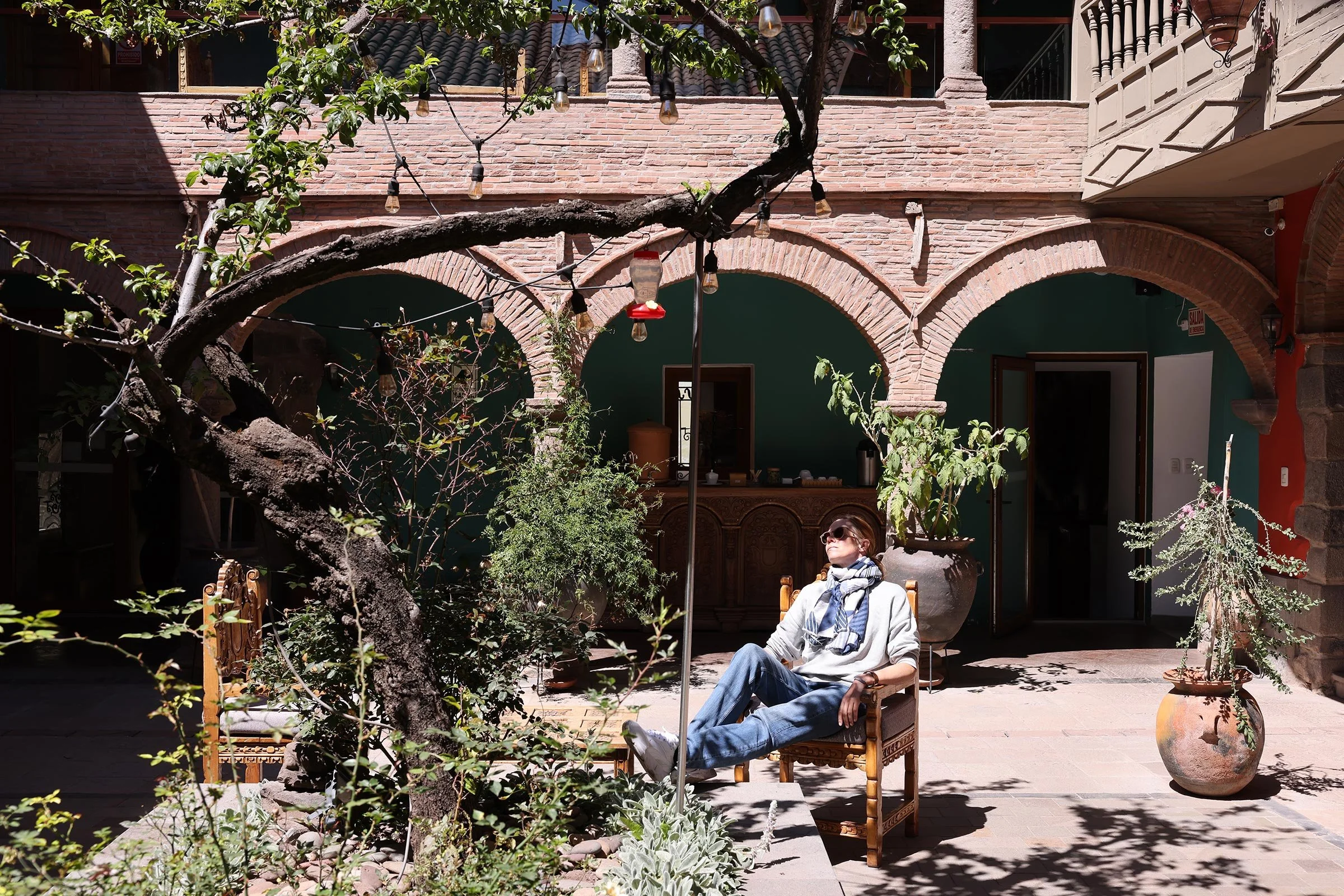 Den soliga innergården på Tambo del Arriero Hotel Boutique, Cusco, Peru