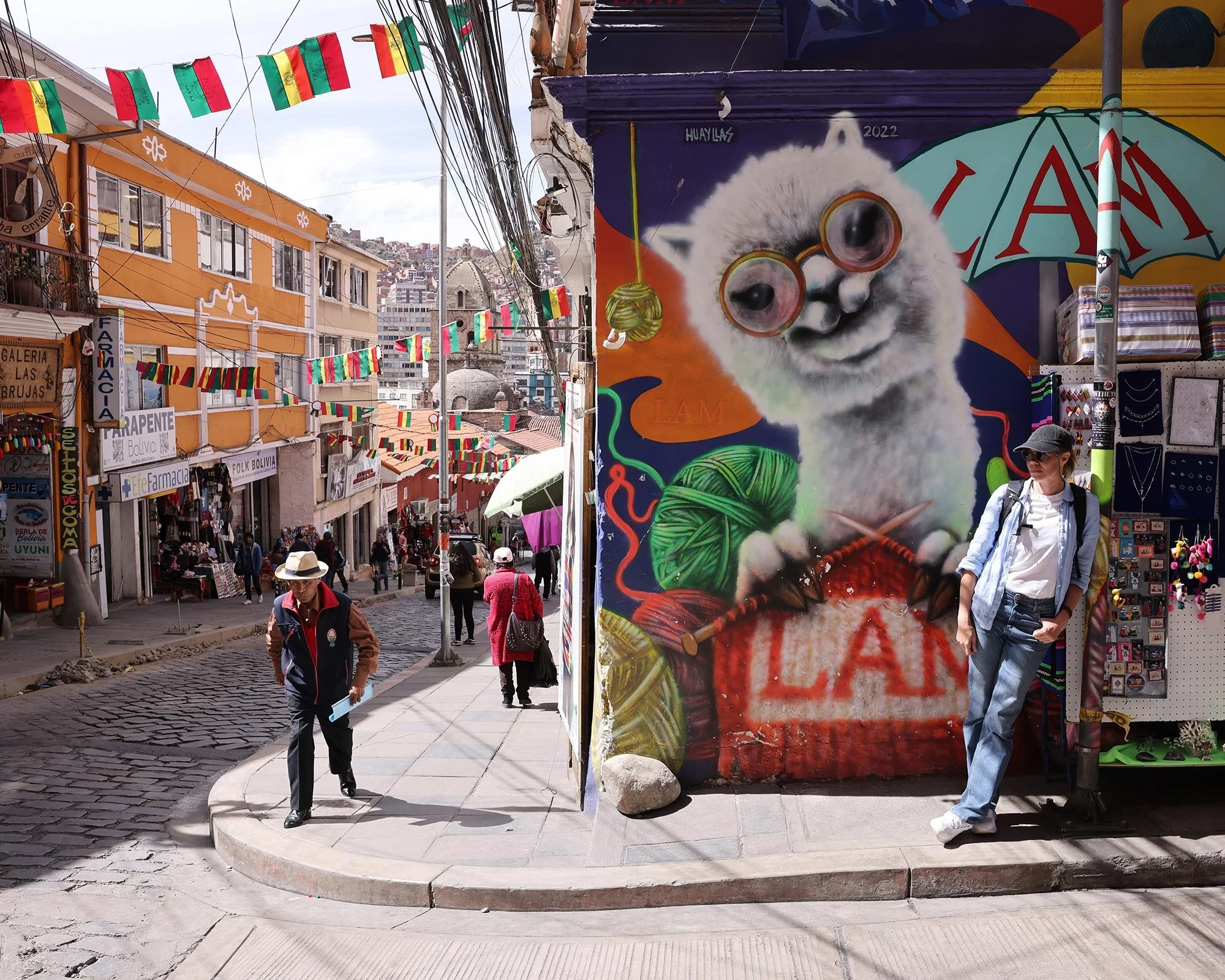 Muralmålning av en lama med glasögon i Korsningen Calle Sagárnaga/Calle José Maria Linares, La Paz, Bolivia