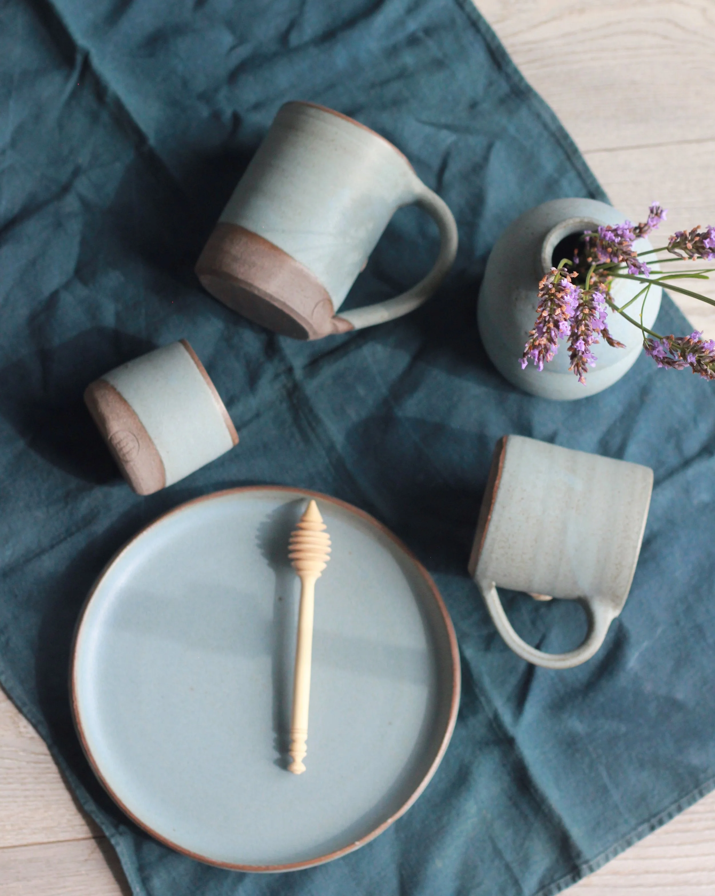 Handthrown blue ceramic pottery set