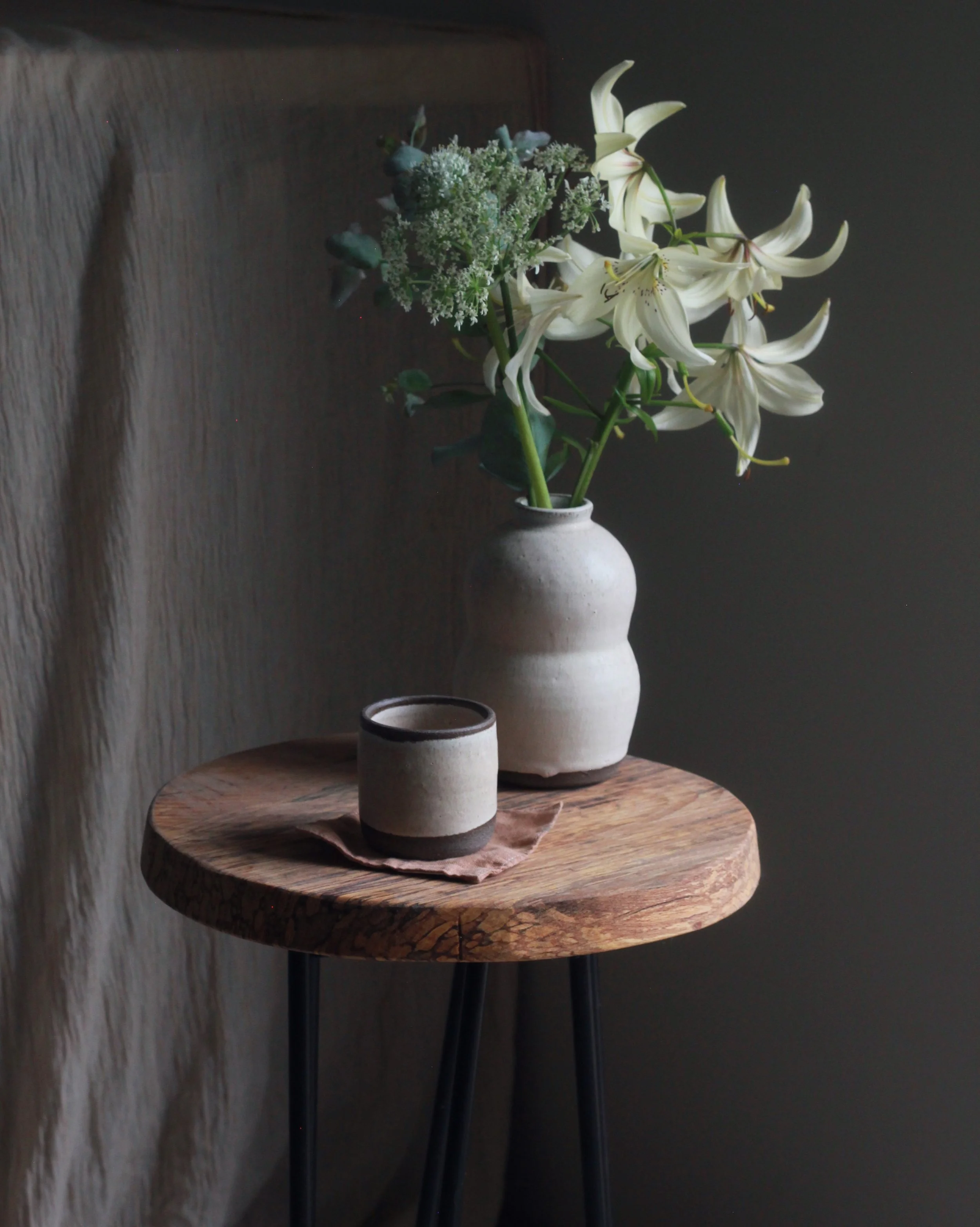 Handmade ceramic espresso cup and vase in white linen glaze