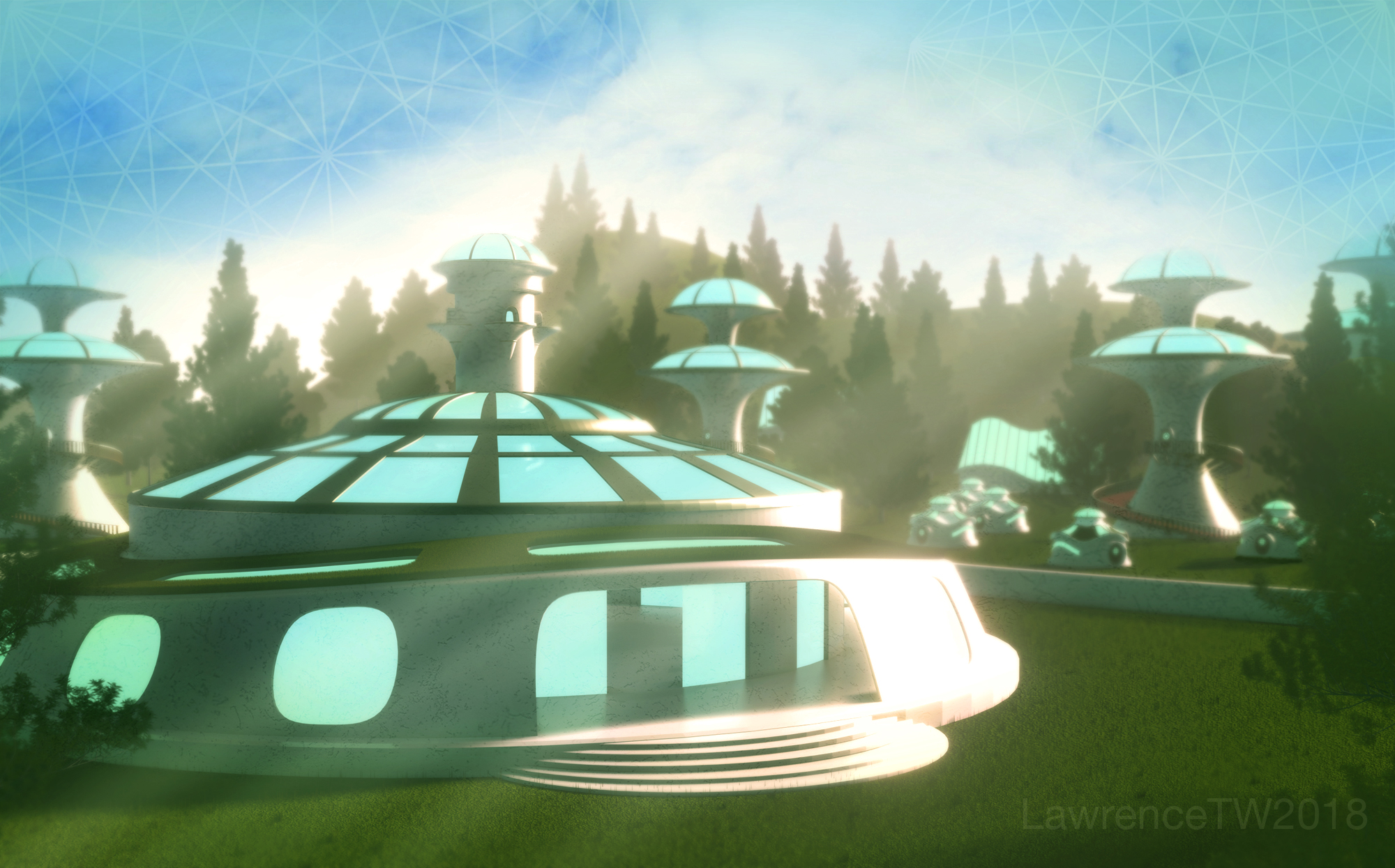 Above is a drawing of a vision of a Solarpunk Village. This drawing is representative of the in-between fantasy and reality, keeping in mind, actual functioning living, as well as whimsical design in some places. We would like to shoot for an in-between manifestation of this vision, making this into a reality to enjoy life in.