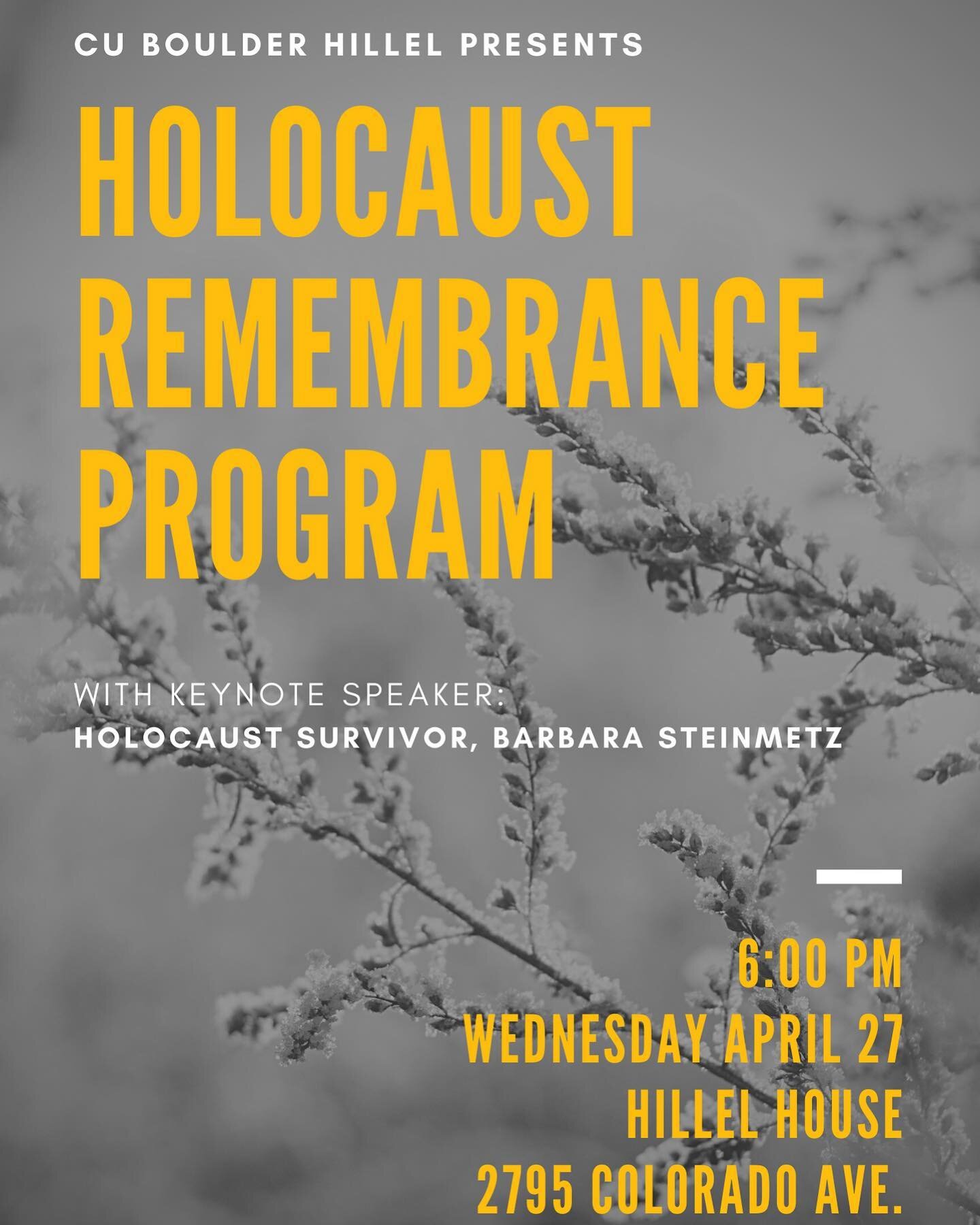 As we prepare for our Holocaust Remembrance Week, we invite you to our Speaker Program featuring Ms. Barbara Steinmetz, Holocaust survivor. 

Join us next Wednesday (4/27) at 6:00PM at the Hillel house to hear from our keynote speaker.