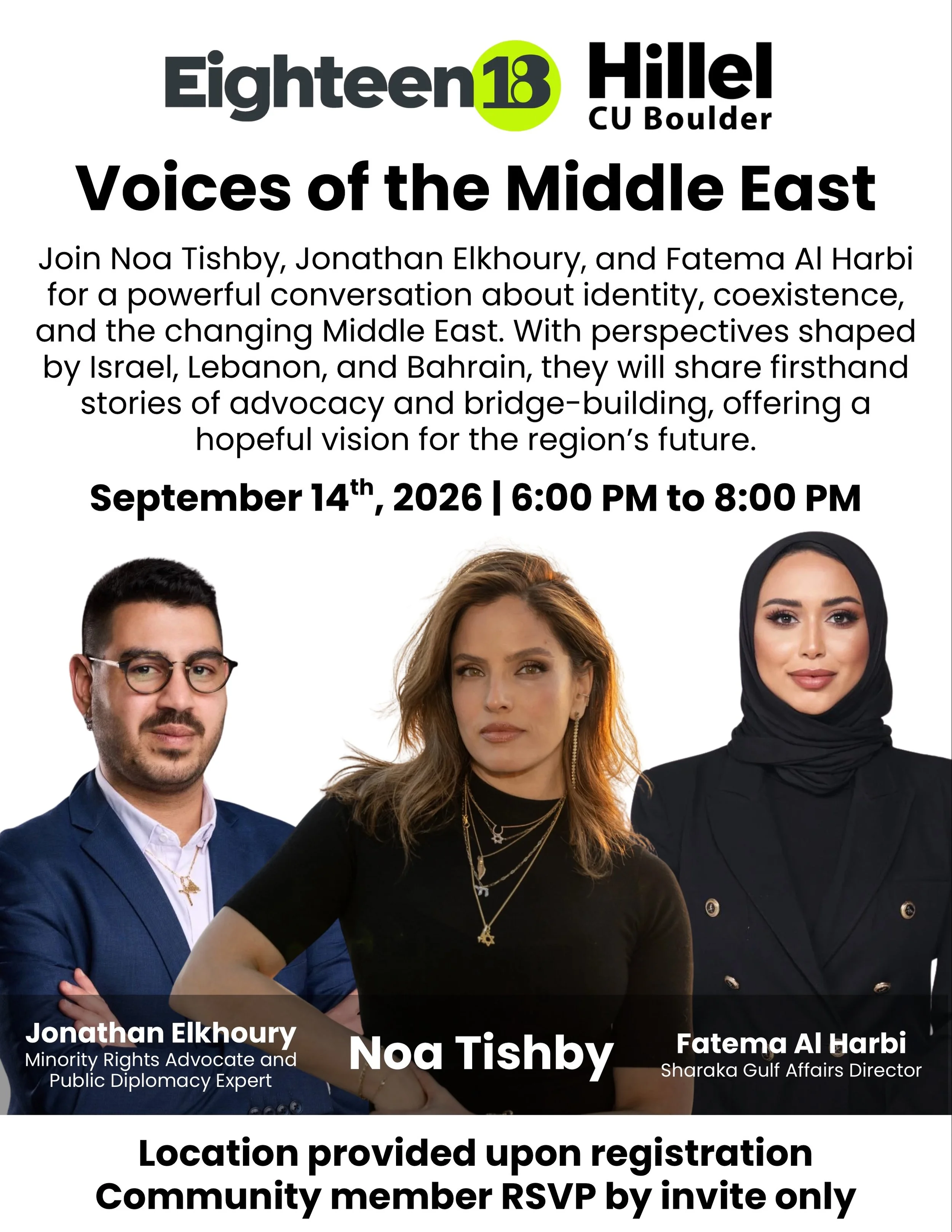 We are so excited to welcome @noatishby to CU Boulder Hillel on September 14th! 

Voices of the Middle East is a conversation about coexistence, told by the people living it. Noa will take the stage with @jon_elk - an Israeli-Lebanese Christian and L