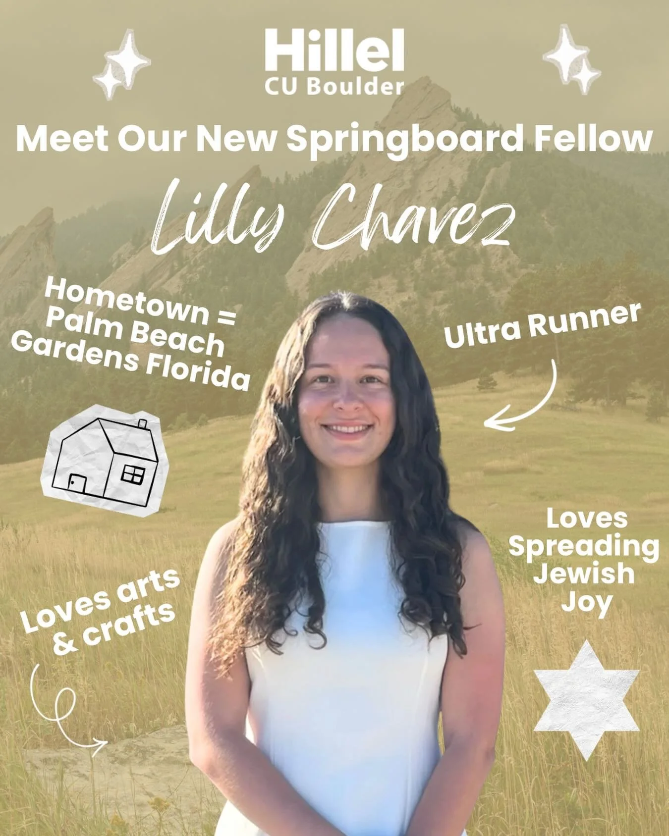 We are SO excited to introduce the incredible new member joining our team 🥁🥁🥁

LILLY CHAVEZ

Starting in July, Lilly will be joining our team as the new Springboard Fellow! With a love for Jewish texts, spreading joy, and, in true Colorado fashion