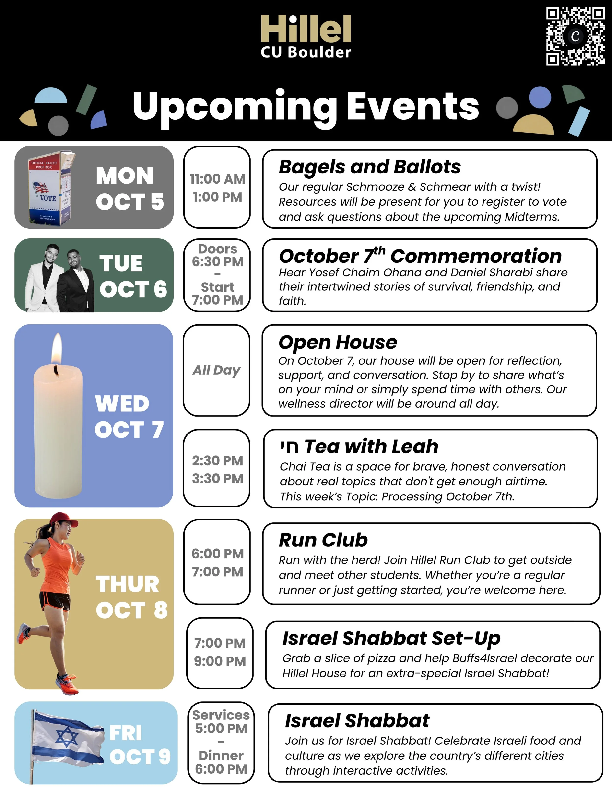 This week holds a lot: Reflection, remembrance, connection, and community. We hope Hillel can be a place to show up exactly as you are, spend time with people who care, and find moments of comfort and joy together.